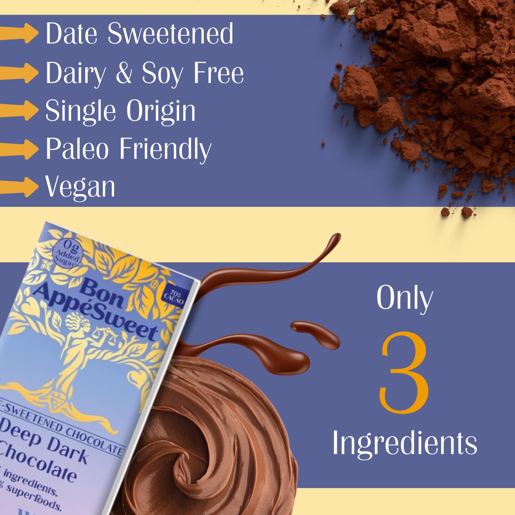 Organic Dark Chocolate Bar - 70% Cacao, No Sugar Added, Dairy-Free | Healthy Snack for Dessert & Gifts