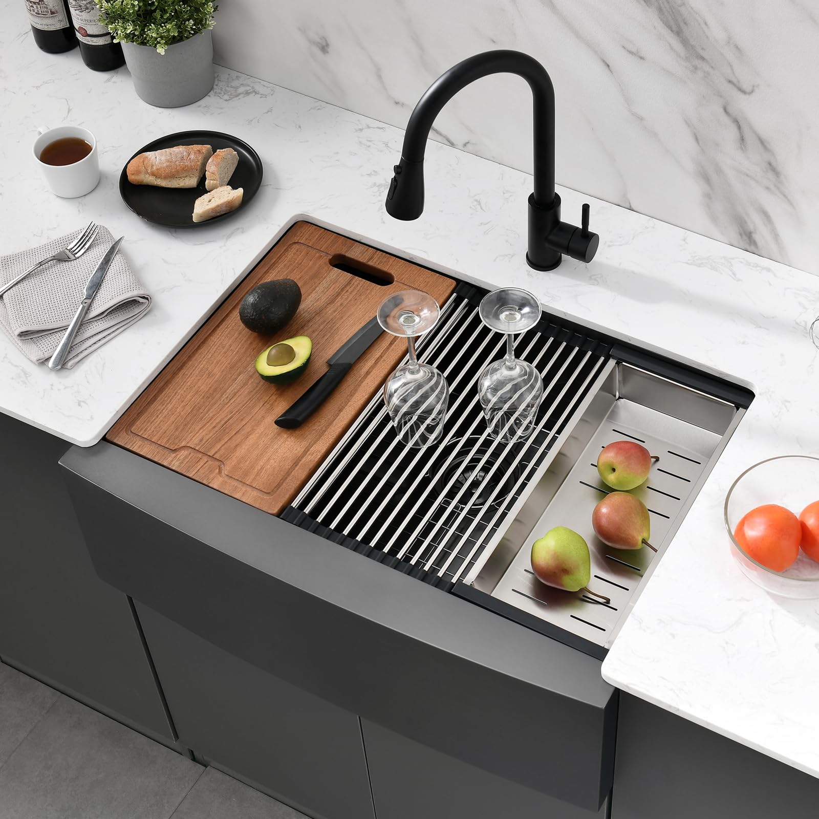 PEPO 33-Inch Gunmetal Black Farmhouse Undermount Kitchen Sink - 16 Gauge Stainless Steel Single Bowl with Accessories Kit - Perfect for Modern Farmhouse Kitchens & Restaurant Prep Stations