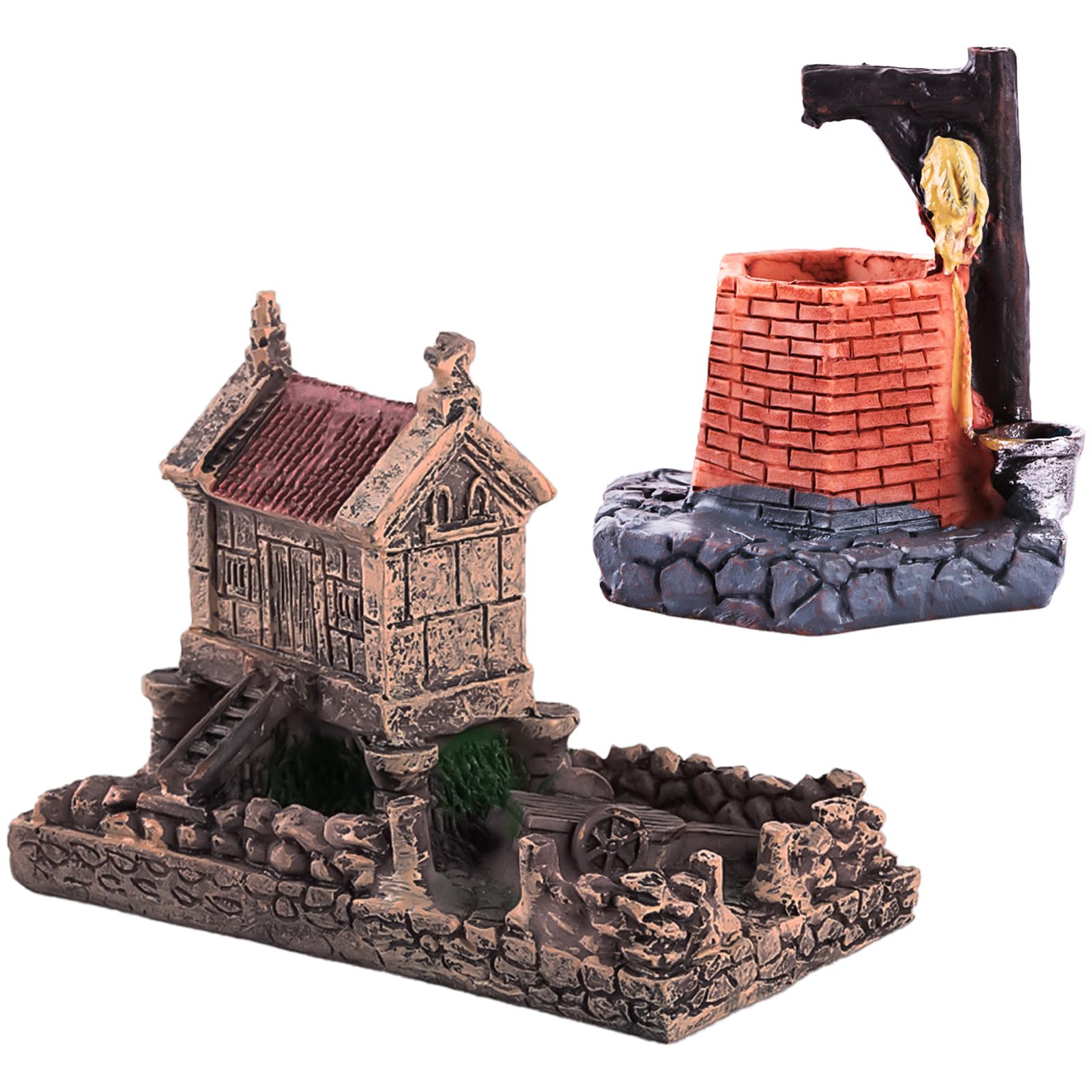 2 Pcs Miniature Fairy Garden Accessories - Resin Stone House & Water Well, Tiny Cottage for Potted Plants, Bonsai, Terrarium Decor | Perfect for DIY Mini Landscapes, Fairy Gardens & Home Decoration