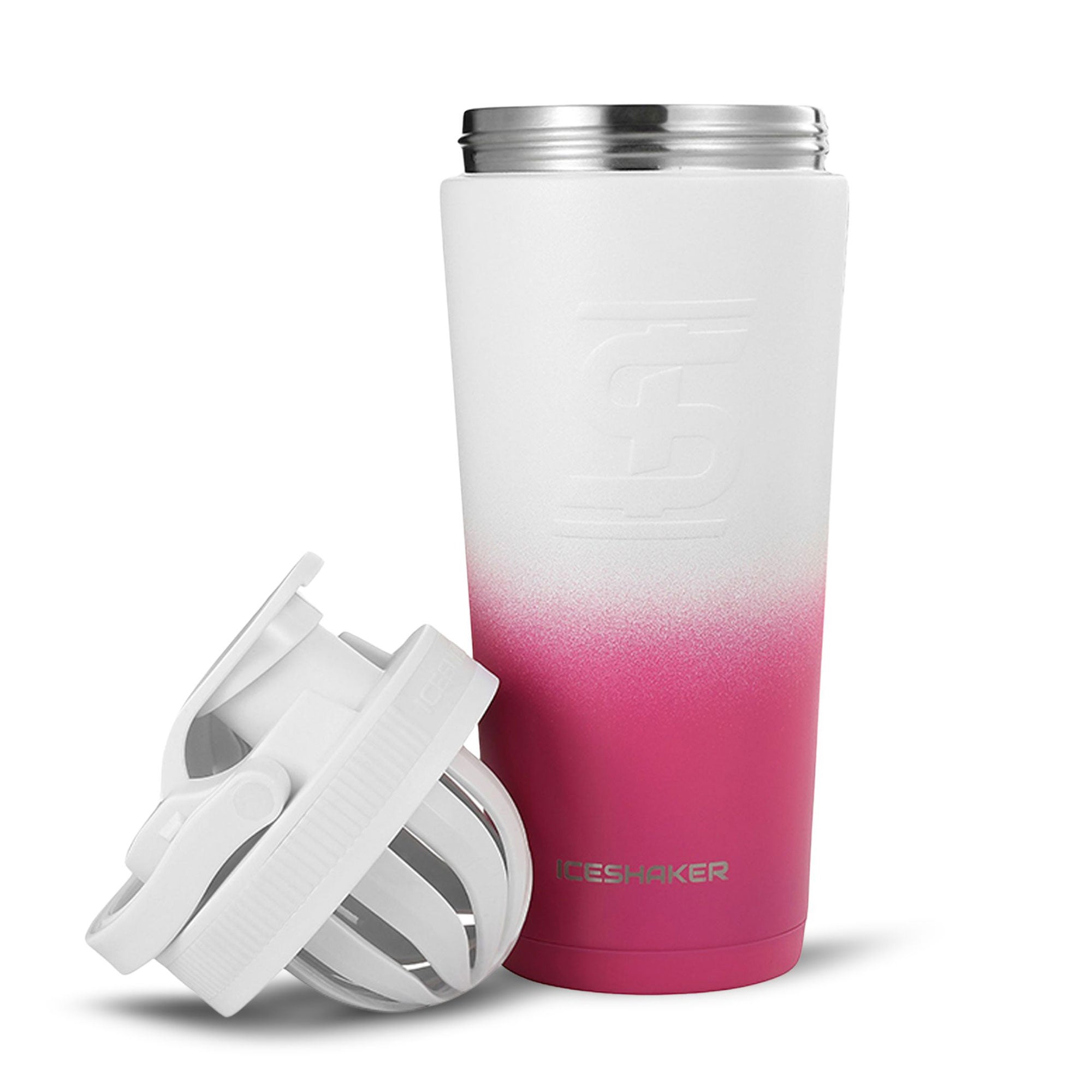 26oz Insulated Ice Shaker Bottle - Magenta & White Ombre Design for Gym, Workout & Protein Drinks | Leakproof & BPA Free