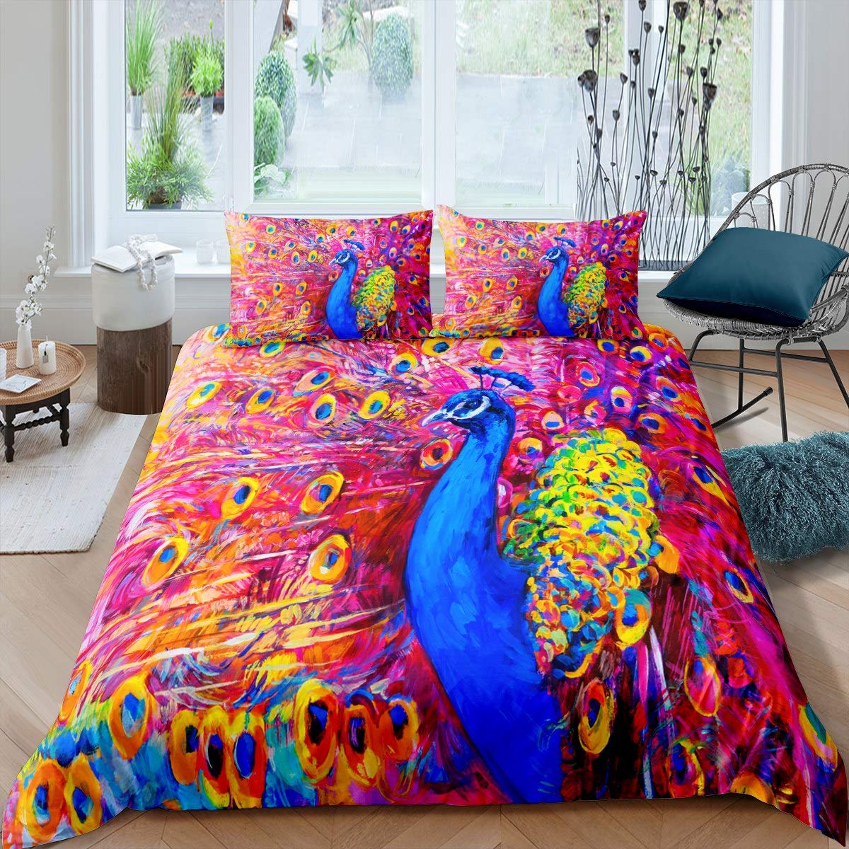 Peacock Duvet Cover Set for Girls - 3D Peacock Feathers Printed Twin Size Bedding Set (2Pcs) | Kids, Teens Bedroom Decor | Animal Theme Colorful Oil Painting Comforter Cover | Perfect for Girls' Room, Dorm, or Gift