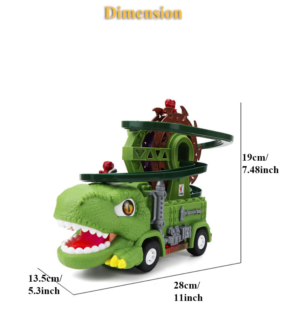 2 in 1 Dinosaur Slide Toy Set - Triceratops & T-Rex Automatic Sliding Track with Dino Truck, Ferris Wheel & Race Track - Fun Educational STEM Toy for Kids Birthday & Indoor Playtime