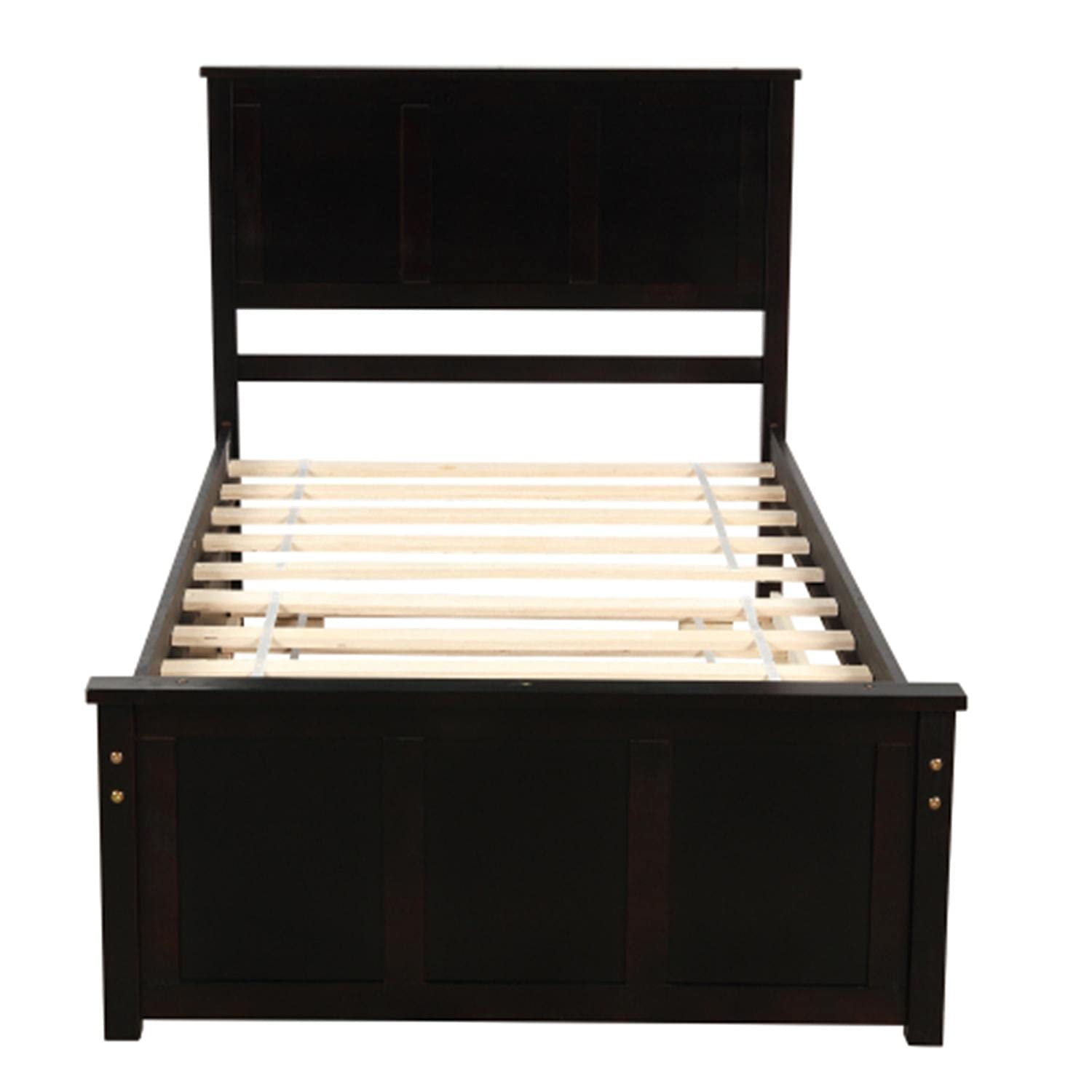 Twin Size Wood Platform Bed Frame with 2 Rolling Storage Drawers - No Box Spring Required - Space Saving Design - Espresso Finish - Perfect for Small Bedrooms, Dorms & Guest Rooms