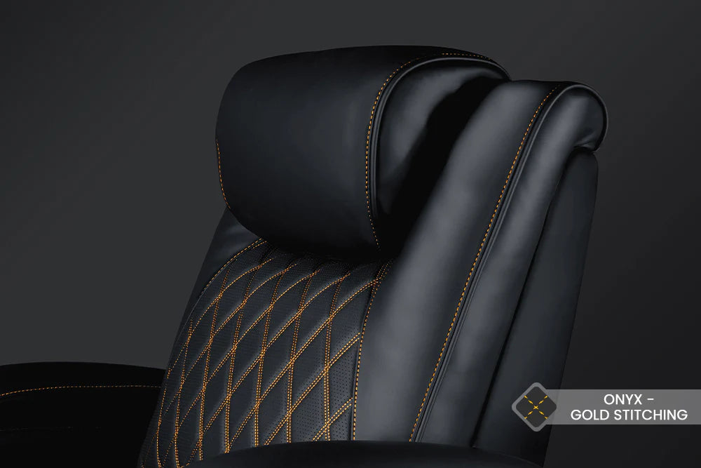 Valencia 2025 Oslo Premium Leather Home Theater Seating - Set of 6 Recliners with Onyx Upholstery & Gold Stitching | Perfect for Home Cinemas, Media Rooms & Luxury Home Theaters