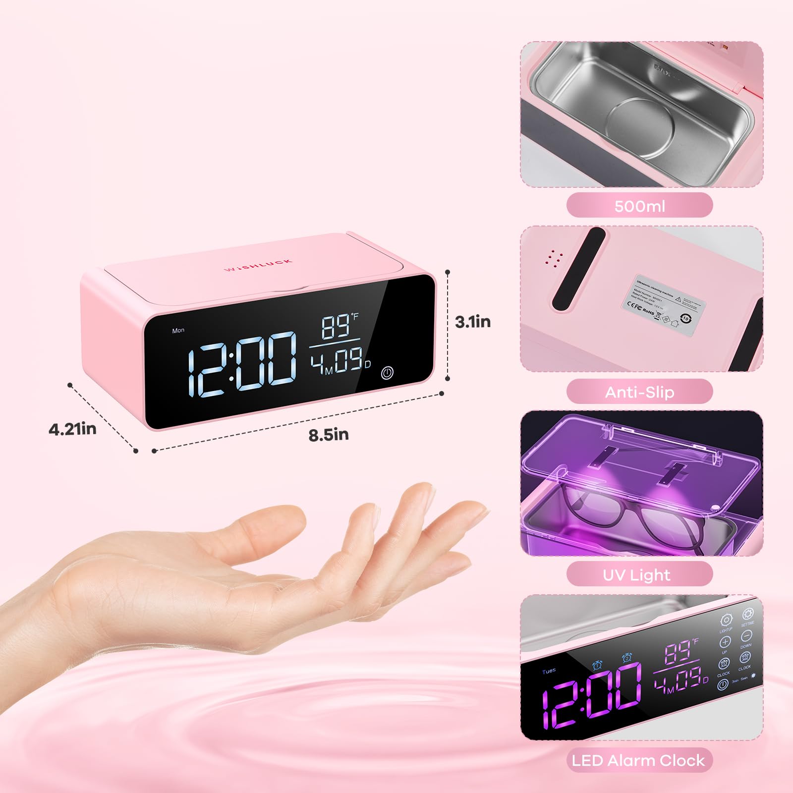 Professional Jewelry Cleaner Machine - 48KHz/24W Ultrasonic Cleaner with 500ml Stainless Steel Tank & LED Display | Perfect for Jewelry, Rings, Diamonds, Watches & Eyeglasses | Compact Tabletop Design with Alarm Clock (Pink) - Ideal for Home Use, Jewelry Stores & Gift Shops