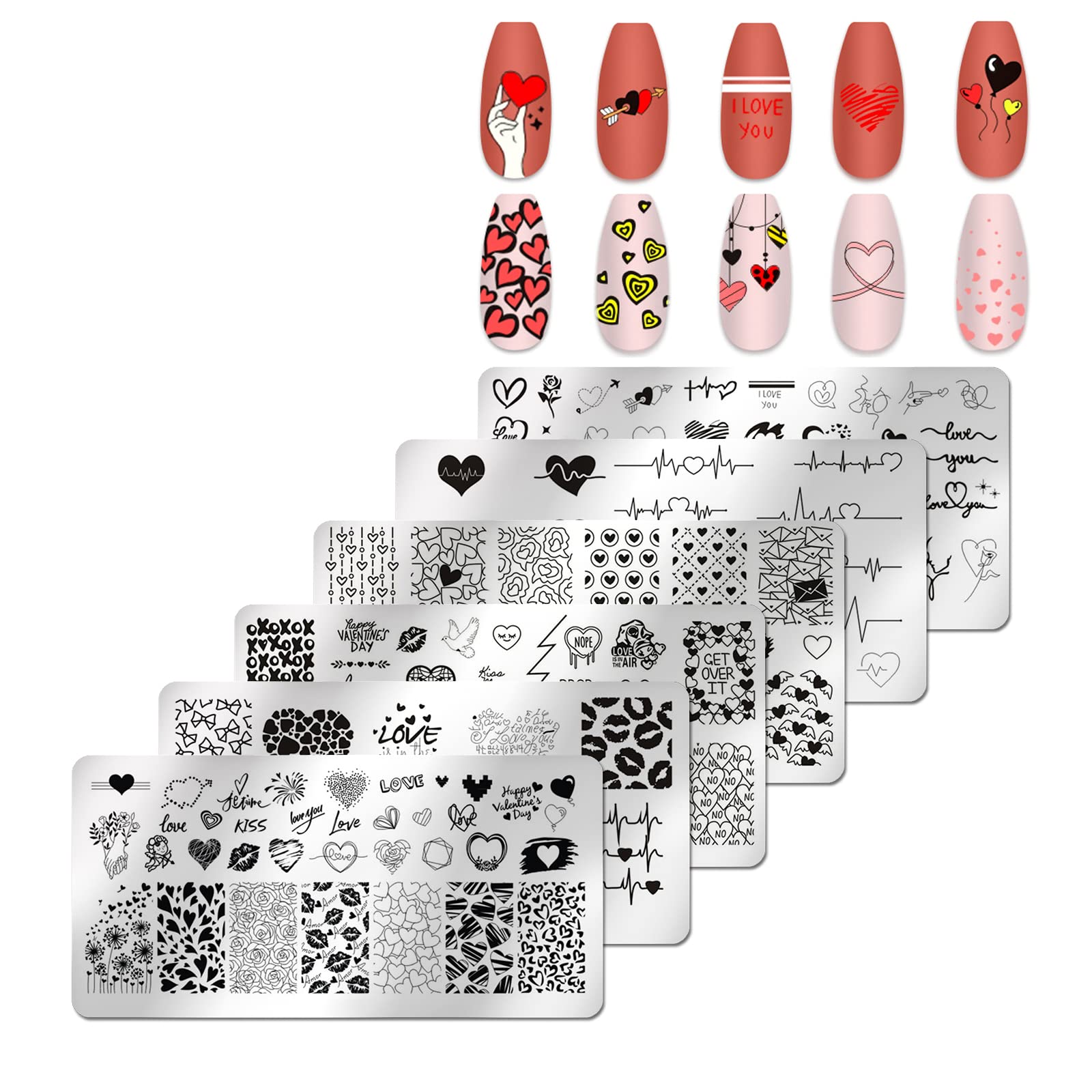 6pcs Valentine's Day Love Heart Nail Stamping Plates Kit - Romantic Heart Image Designs for Nail Art, DIY Manicure Tools for Women | Perfect for Valentine's Gifts, Date Nights & Bridal Nail Designs