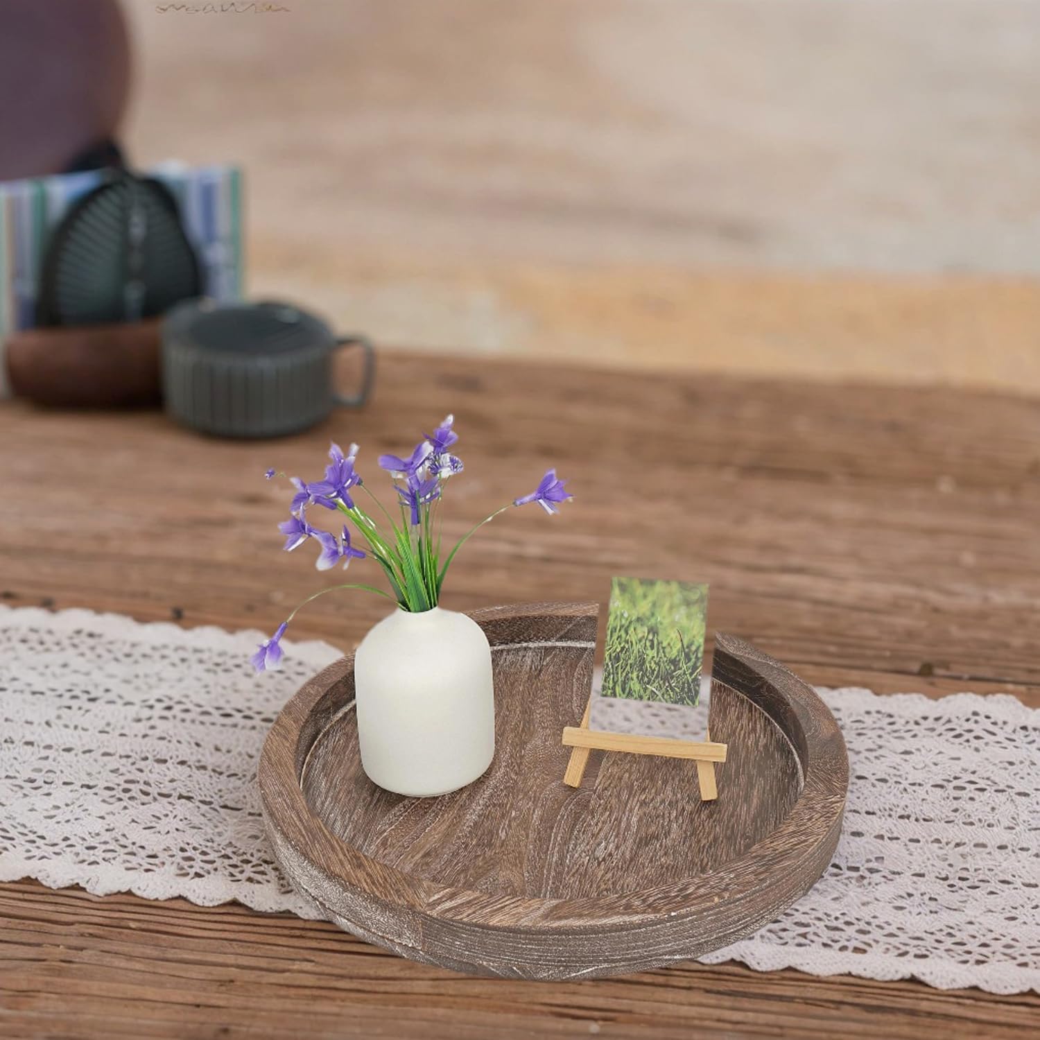 11'' Round Wooden Serving Tray - Rustic Farmhouse Kitchen & Dining Table Centerpiece Decor - Handcrafted Light Coffee Wood Decorative Tray for Home, Coffee Table, and Party Serving - Perfect for Farmhouse Style Decor, Gift Giving, and Entertaining Guests