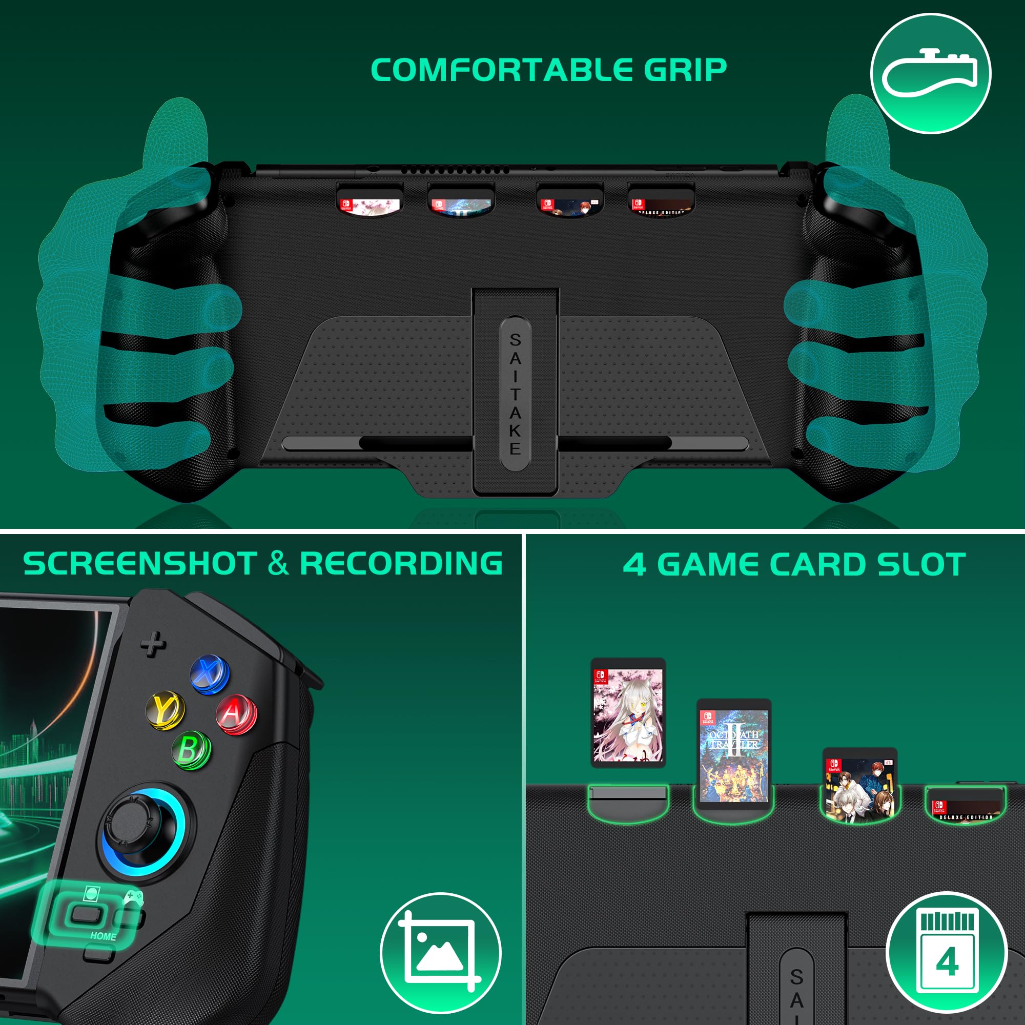 Wireless Switch Controller for Nintendo Switch & OLED - Ergonomic One-Piece Joypad with RGB Lighting, Turbo Function, 4 Game Card Slots & Dual Vibration Motors - Perfect for Gaming, Travel & Family Entertainment