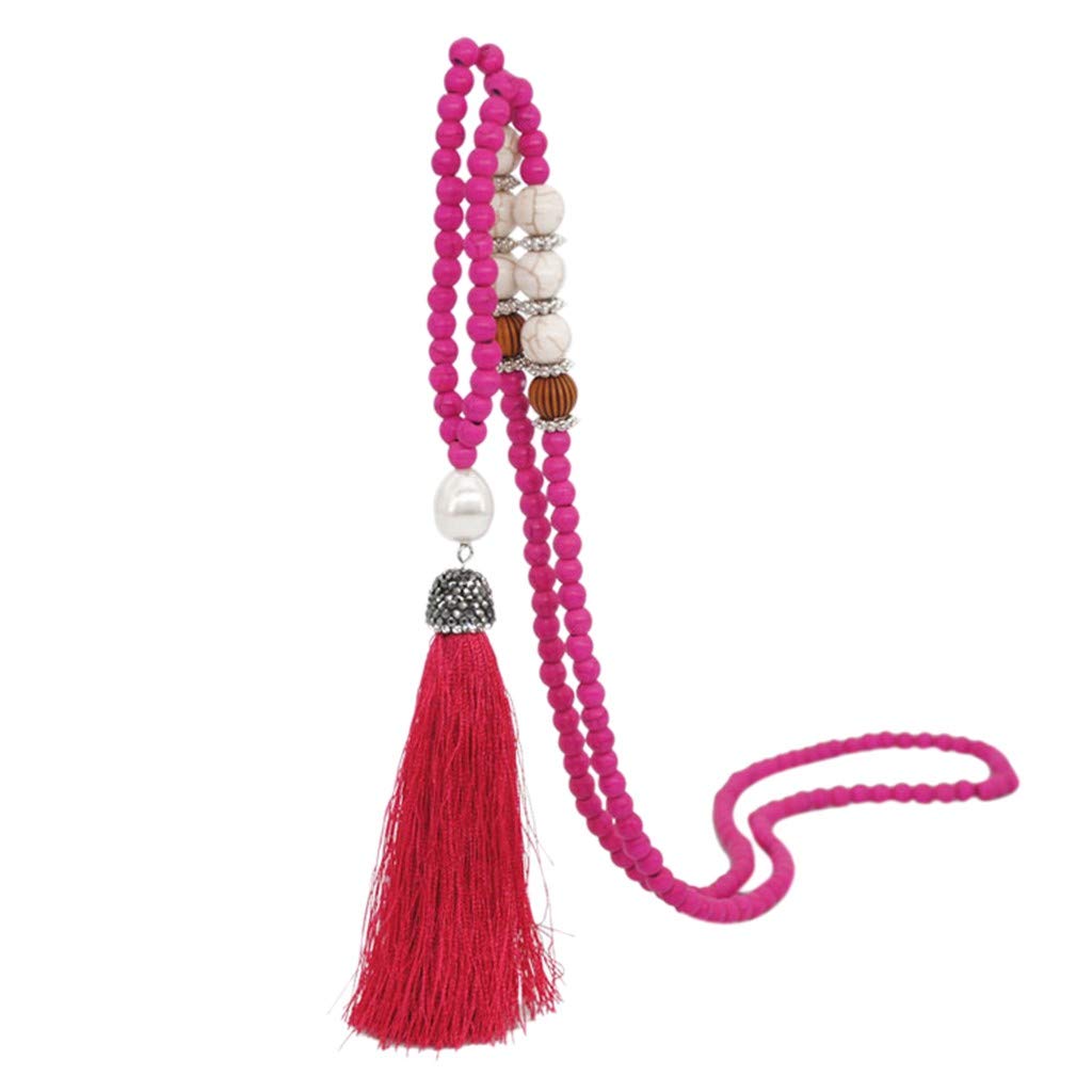 Handmade Bohemian Wooden Bead Tassel Pendant Chain Necklace for Women - Perfect for Layering with Sweaters, Boho Outfits & Casual Wear
