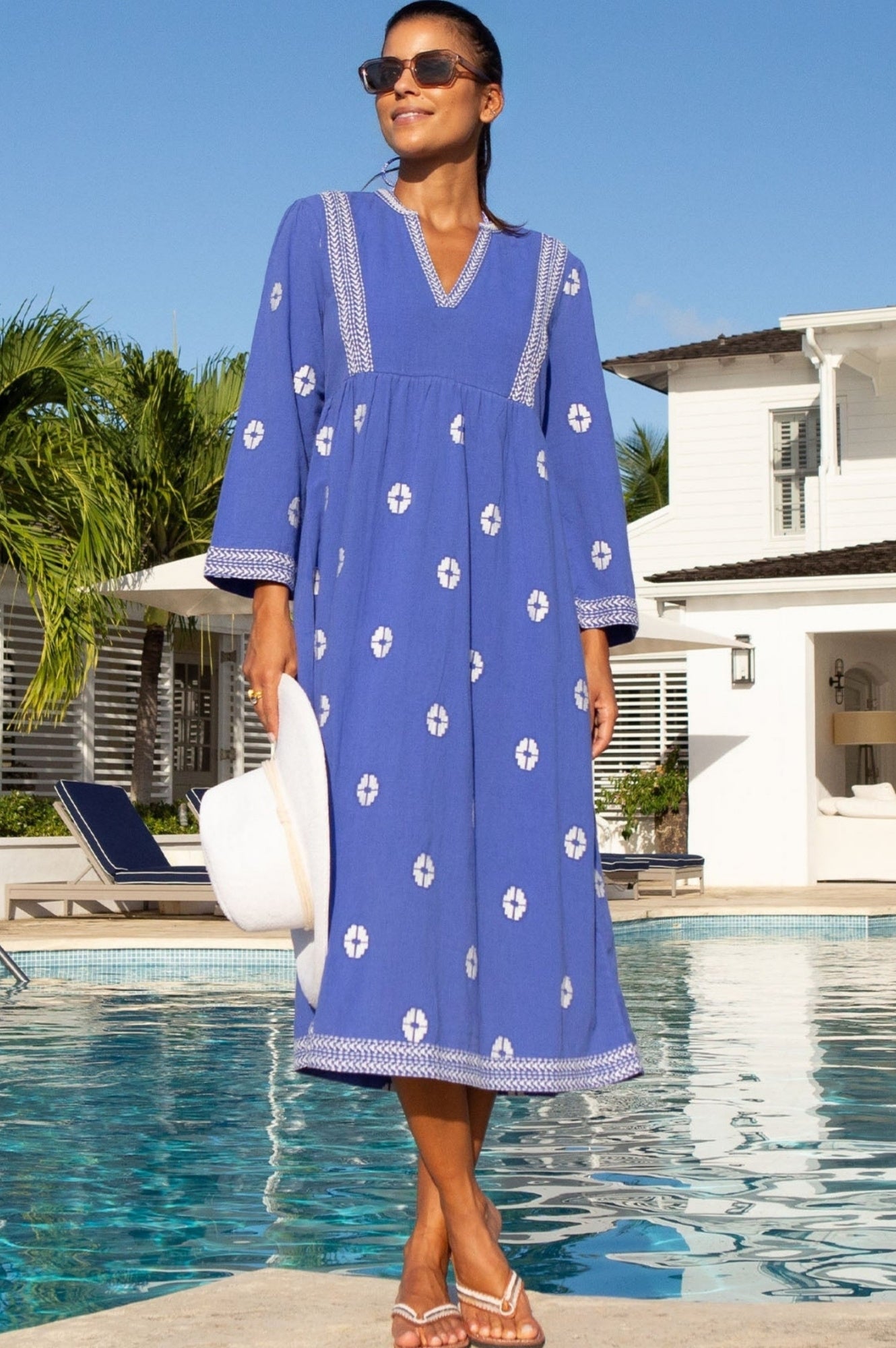 Enola Organic Cotton Dress for Women - Soft & Comfortable Blue/White Floral Summer Dress | Perfect for Beach, Vacation & Casual Outings