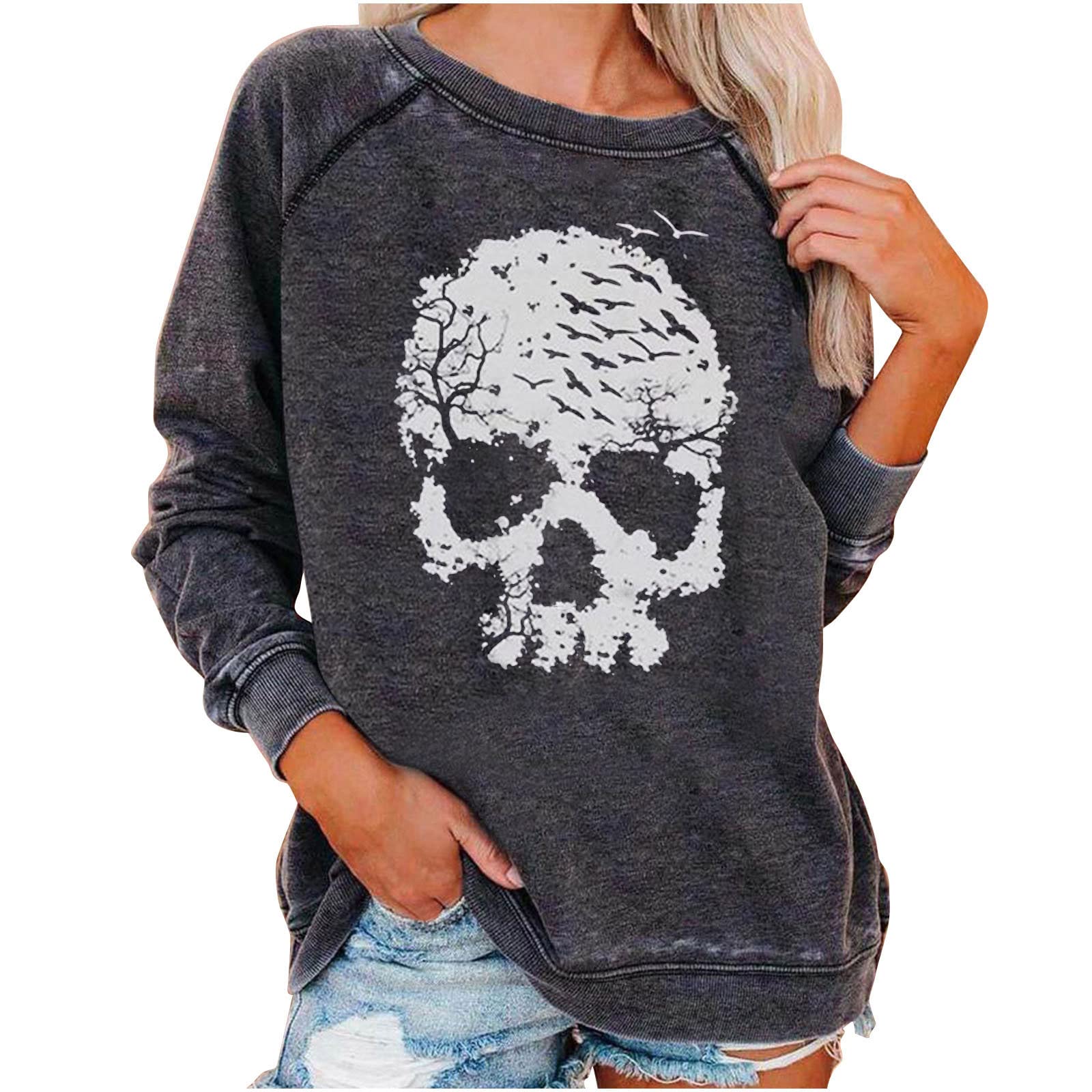 Women's Halloween Skeleton Sweatshirt - Vintage Casual Loose Pullover Blouse with Long Sleeves | Cozy Fall Fashion for Parties, Costumes & Spooky Season Outfits