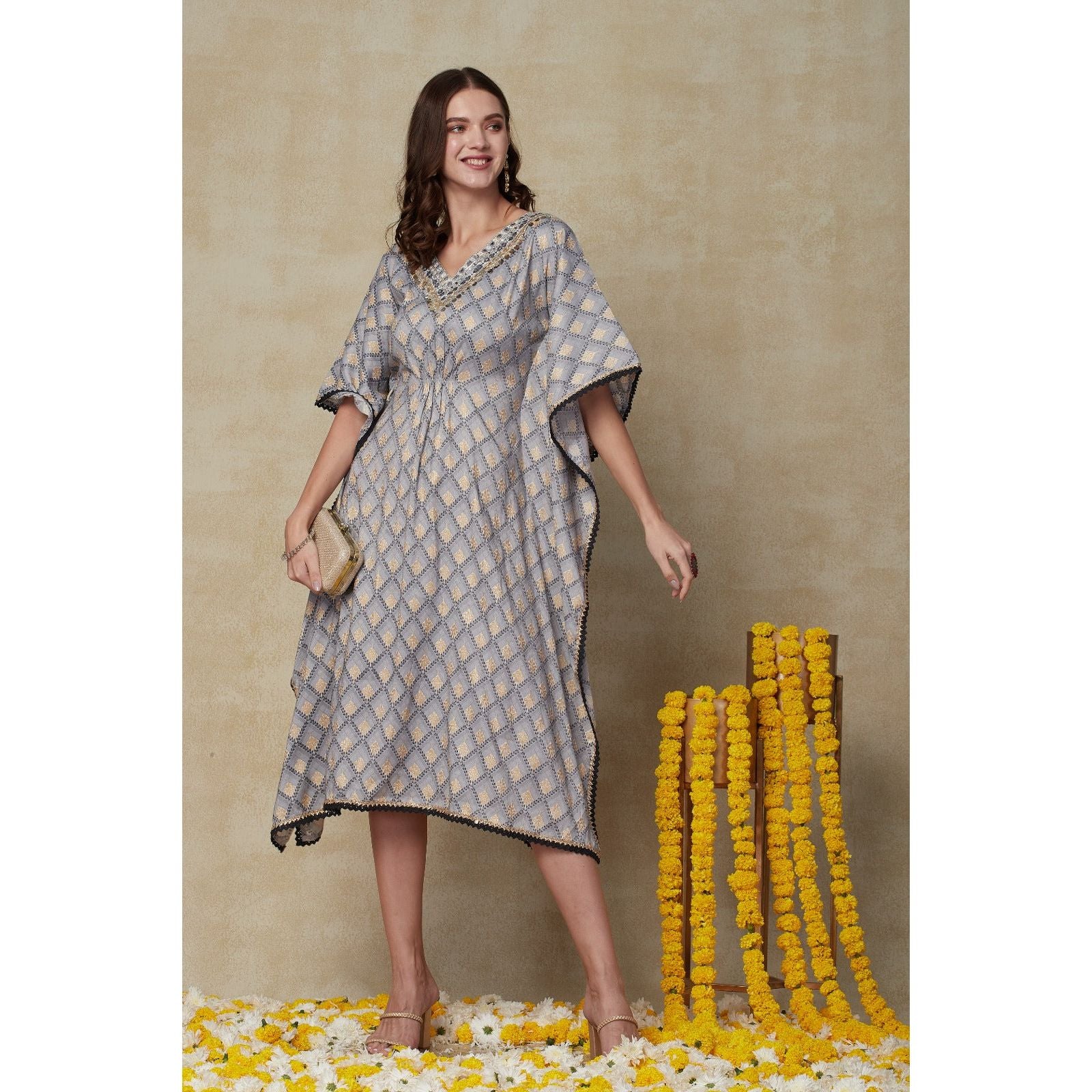 Elegant Grey Kaftan Dress for Women - Flowy Maxi Dress with Long Sleeves - Perfect for Beach Cover Up, Vacation, Boho Chic Outfits & Summer Fashion