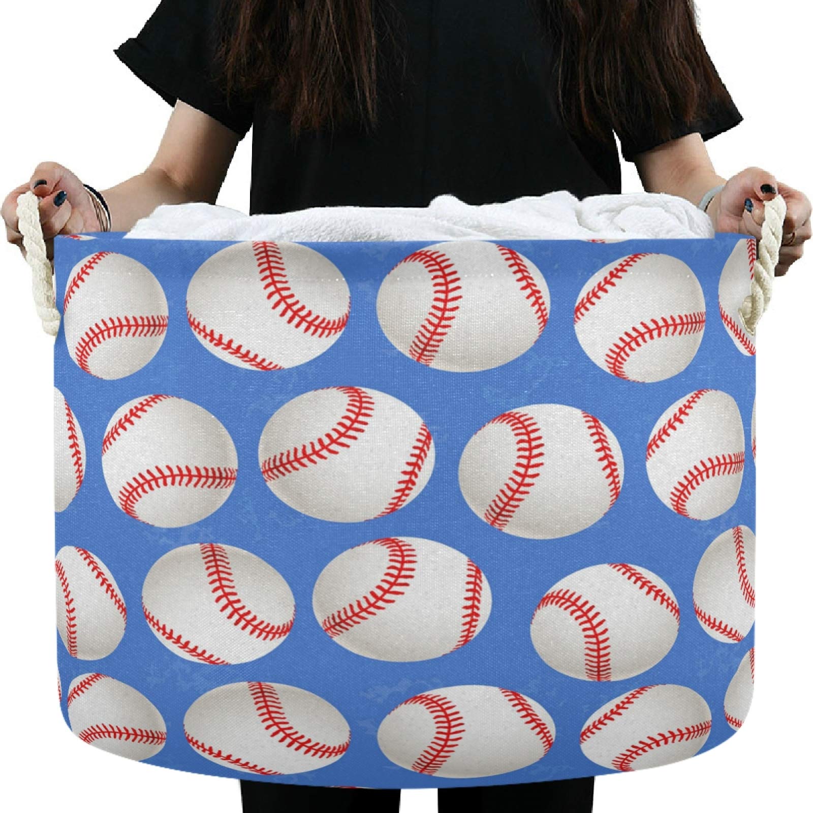 Visesunny Baseball Blue Pattern Storage Basket - Canvas Fabric Toy Organizer Bin, Nursery Hamper & Laundry Basket for Kids Room, Playroom, Shelves | Perfect for Toy Storage, Clothes Organization & Home Decor