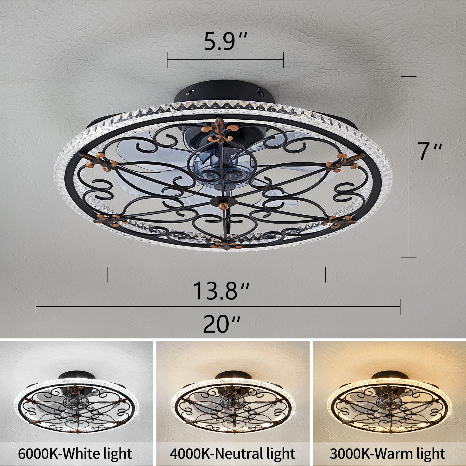 HuixuTe 52 Inch Caged Ceiling Fan with LED Light and Remote Control, 6 Speed Adjustable Industrial Farmhouse Ceiling Fan for Kitchen, Bedroom, Living Room - Perfect for Home Cooling and Stylish Interior Decor