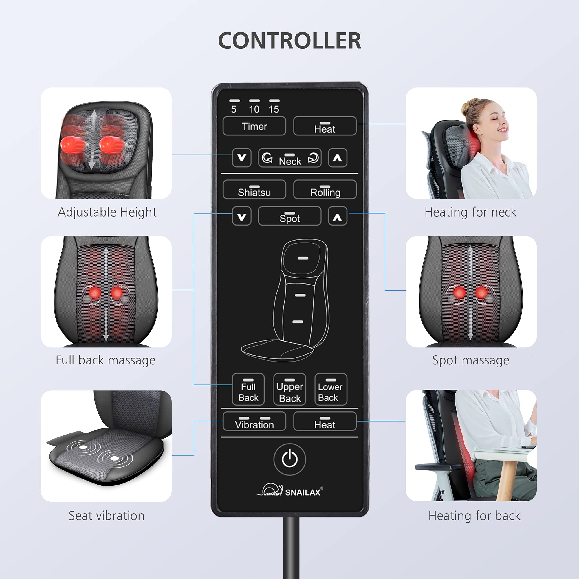 Snailax Shiatsu Massage Chair Pad with Heat - Full Body Deep Kneading & Rolling Massage for Neck, Back & Shoulders - Adjustable Height - Perfect Gift for Men & Women - Ideal for Home, Office & Car Relaxation