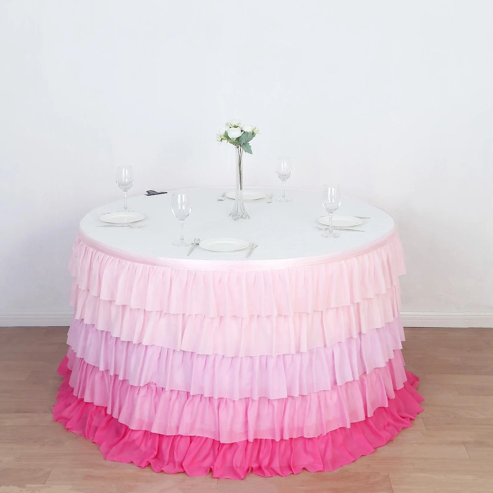 14 ft Chiffon 5 Tier Ruffled Tutu Table Skirt with Satin Backing - Elegant Party Decor for Weddings, Baby Showers & Banquets