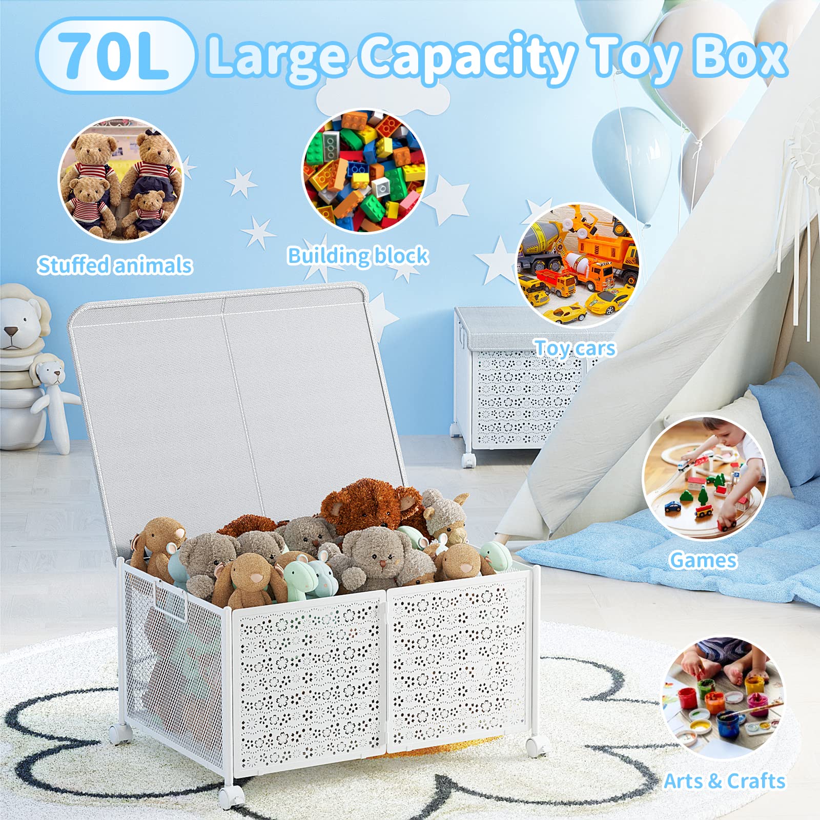 PHINOX 70L Large Toy Storage Box with Wheels - Collapsible Metal Toy Organizer for Kids, Boys & Girls - Durable Toy Chest for Nursery, Playroom & Bedroom - Perfect for Organizing Toys, Books & Games (White)
