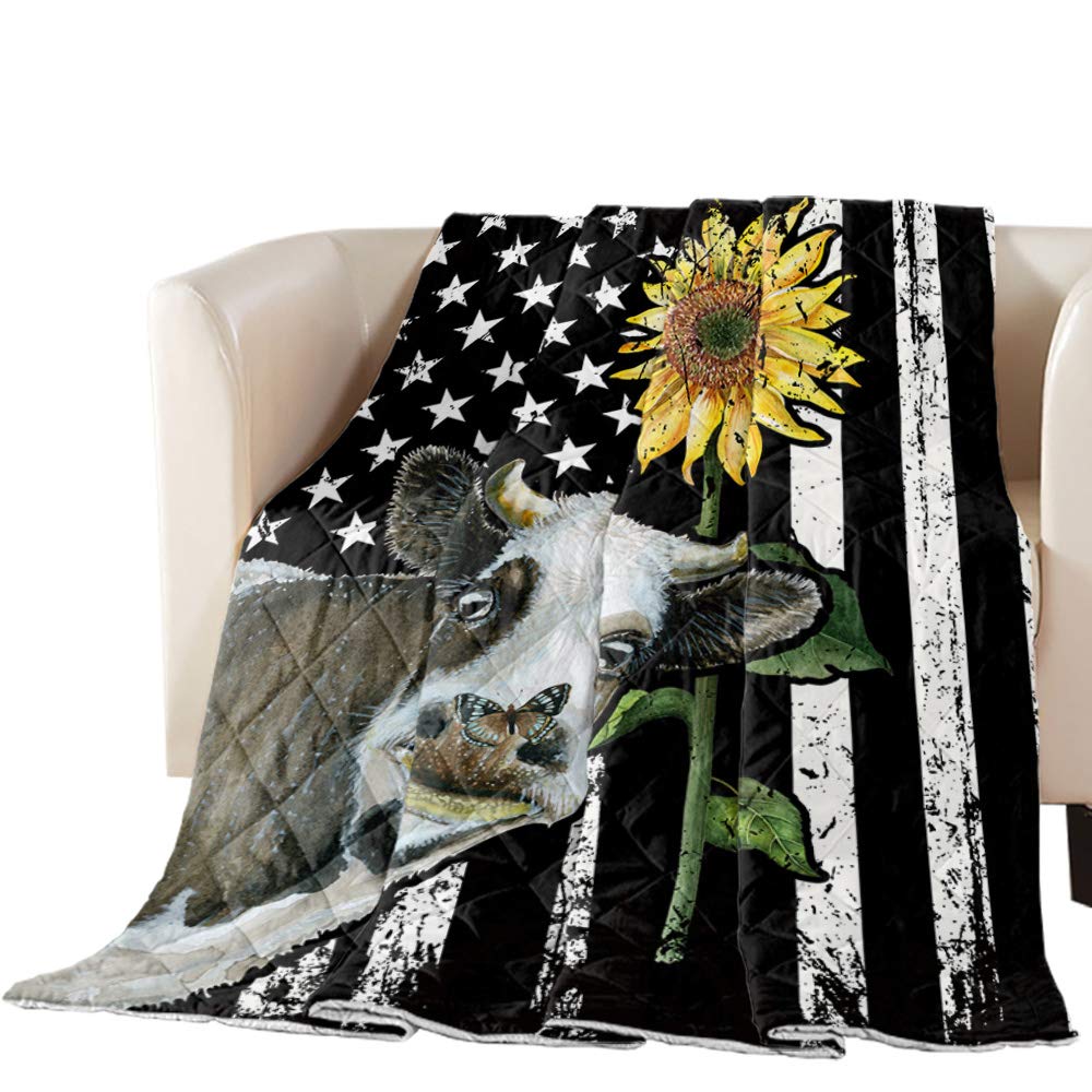 TweetyBed Cotton Quilted Comforter Set - Vintage Farmhouse Style Sunflower & Cow Print Throw Blanket with American Flag Design | Soft, Breathable & Lightweight All-Season Bedspread | Perfect for Farmhouse Decor, Guest Room Bedding & Cozy Living Room Throws