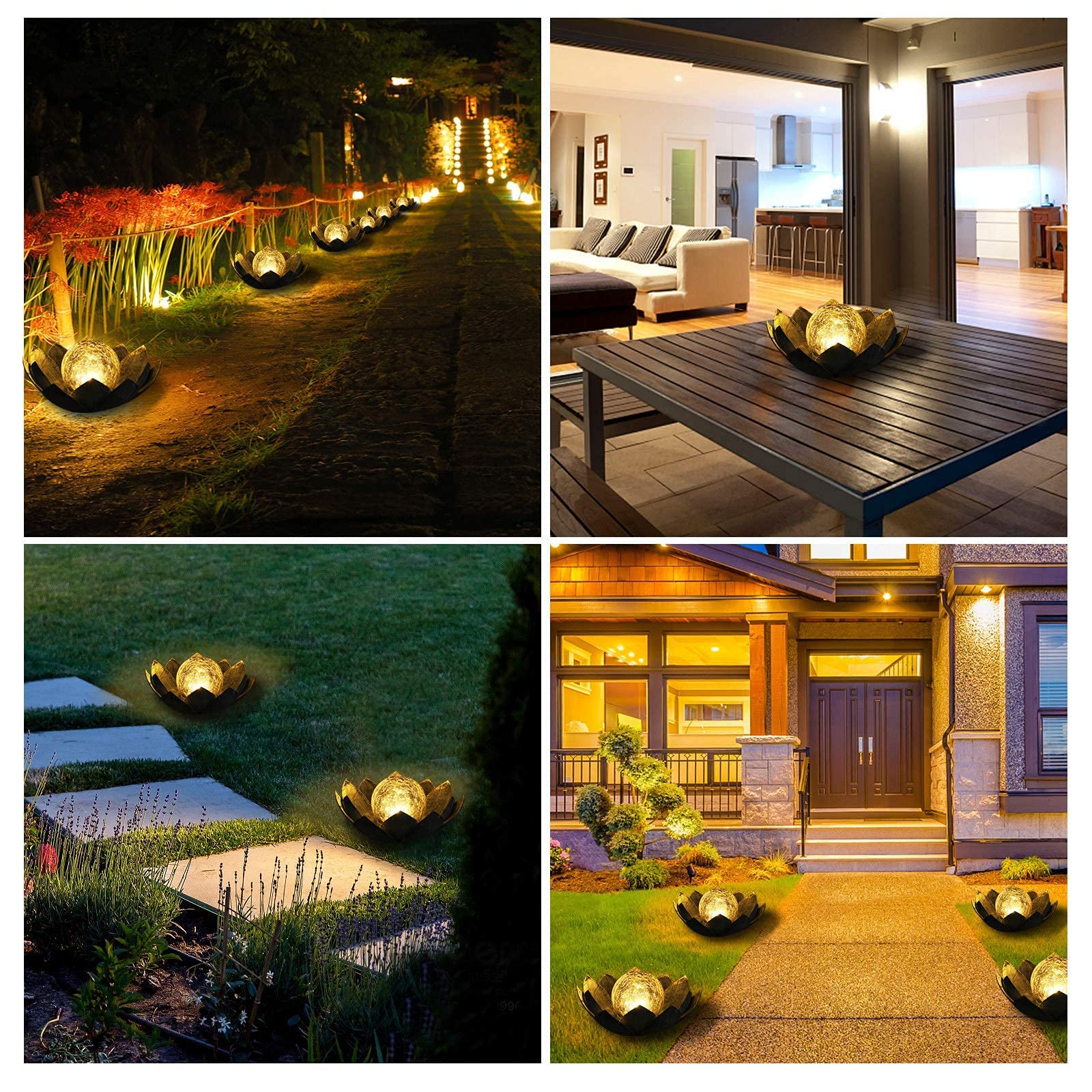 Huaxu Solar Powered Outdoor Garden Lights - Waterproof Crackle Glass Lotus LED Decor for Patio, Lawn, Walkway, Tabletop & Ground - Perfect for Garden Decor, Pathway Lighting & Backyard Ambiance
