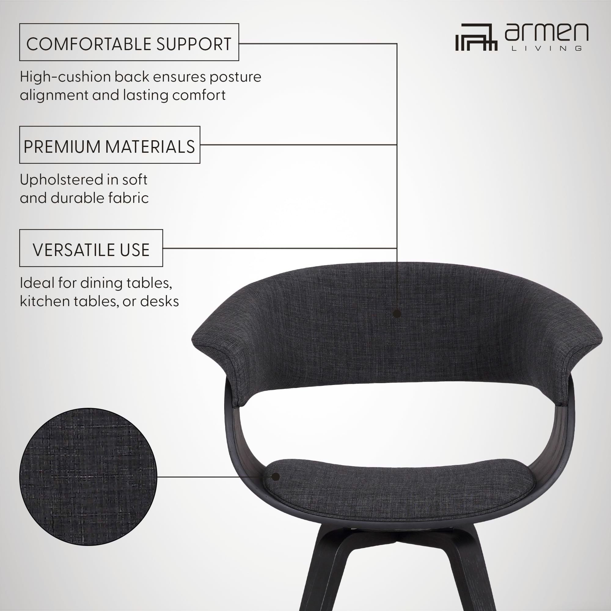 Armen Living Summer Mid Century Modern Dining Chair - Charcoal Fabric & Black Wood Finish - Perfect for Kitchen, Dining Table, Office Desk & Vanity