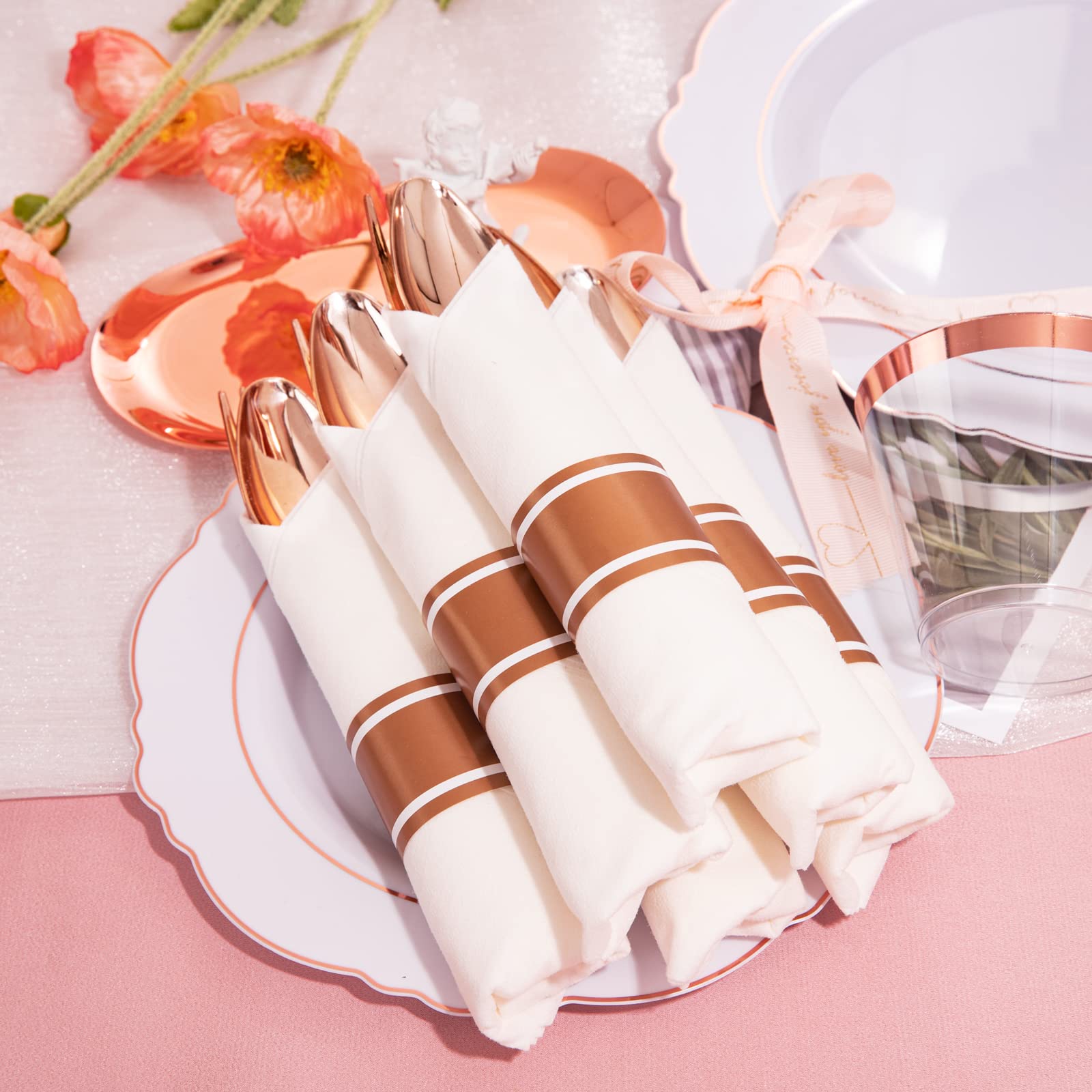 350-Piece Disposable Rose Gold Plastic Dinnerware Set - Elegant Baroque Design with 100 Plates, 50 Pre-Rolled Napkins & 50 Cups | Perfect for Weddings, Parties, Bridal Showers & Elegant Events