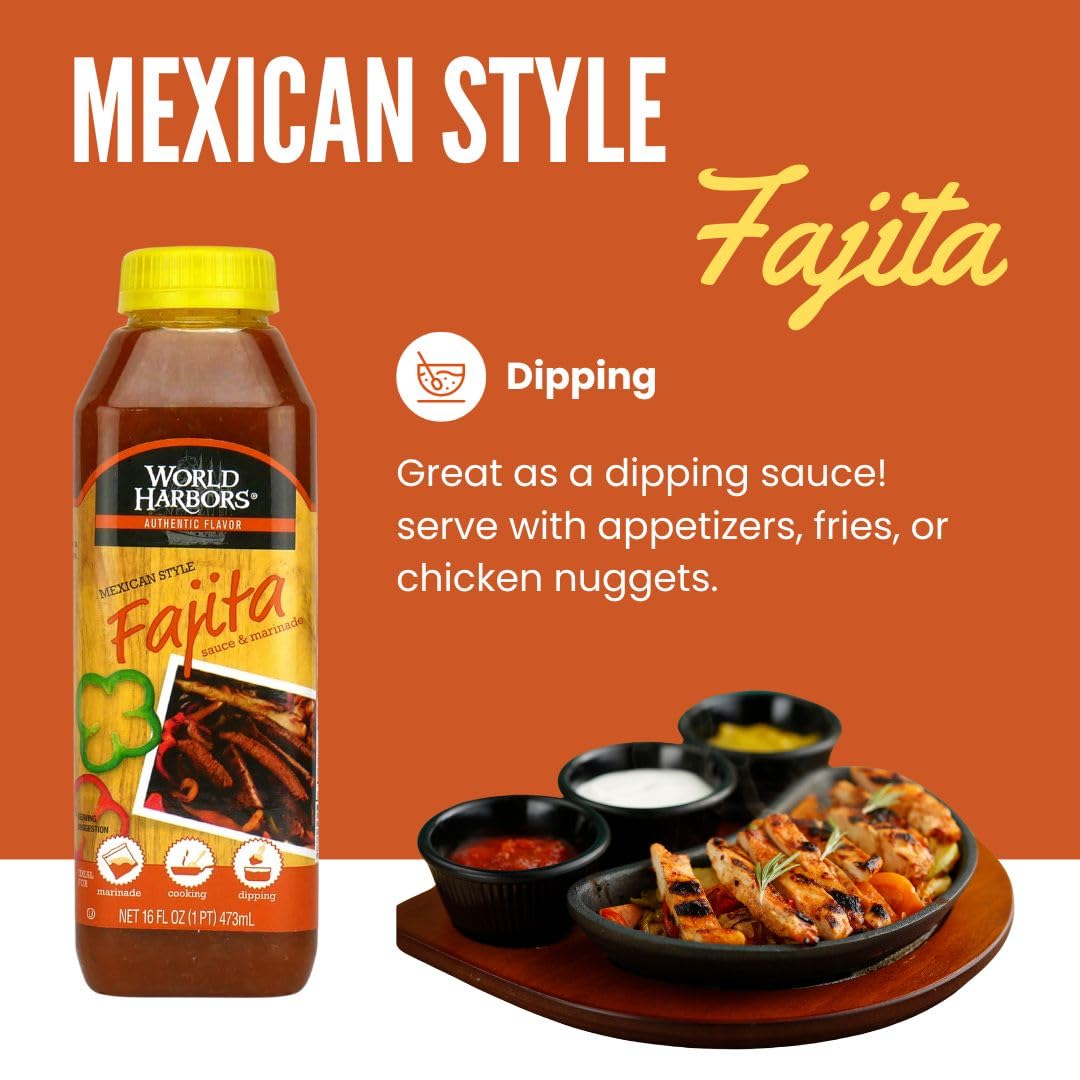 World Harbors Authentic Mexican Fajita Marinade Sauce - 16 fl oz Bottles (6-Pack) - Perfect for Grilling, Marinating Steak, Chicken & Veggies - Restaurant Quality Flavor at Home