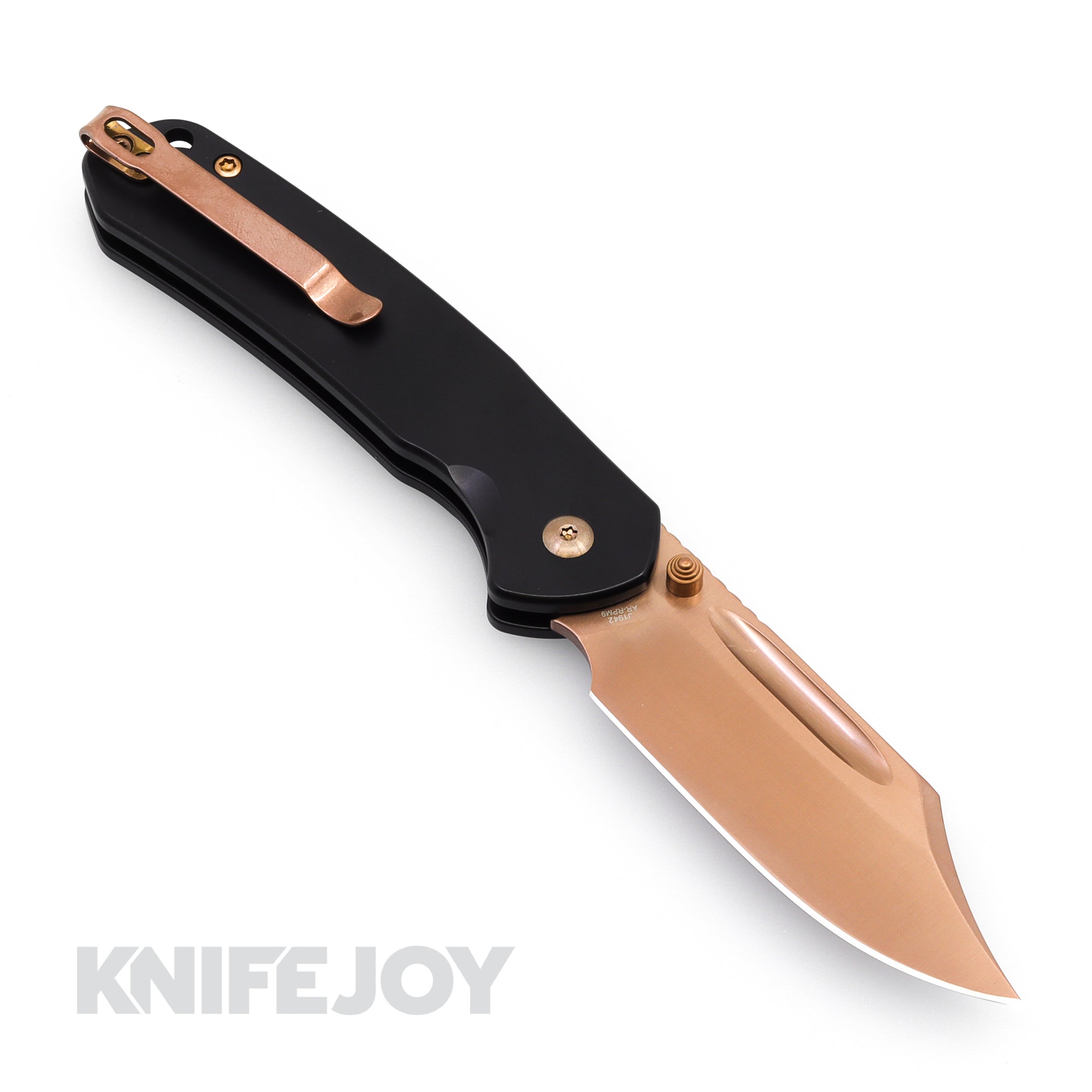 CJRB Pyrite Button Lock Folding Knife - Rose Gold Clip Point Blade, Black Steel Handles - EDC Pocket Knife for Outdoor, Camping & Everyday Carry
