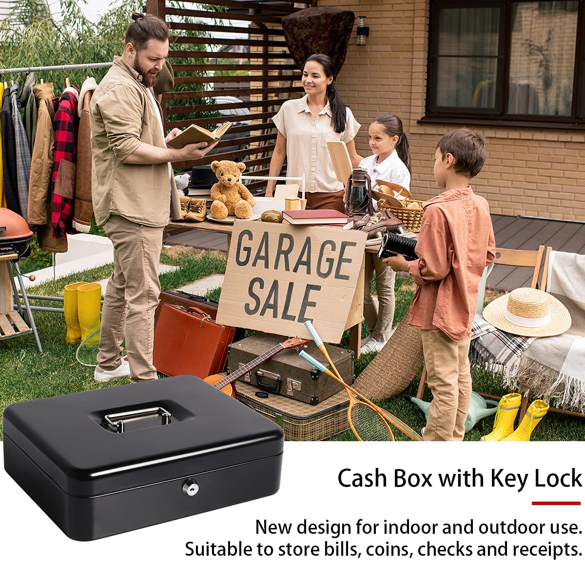 Large Cash Box with Money Tray & Key Lock - 11.8
