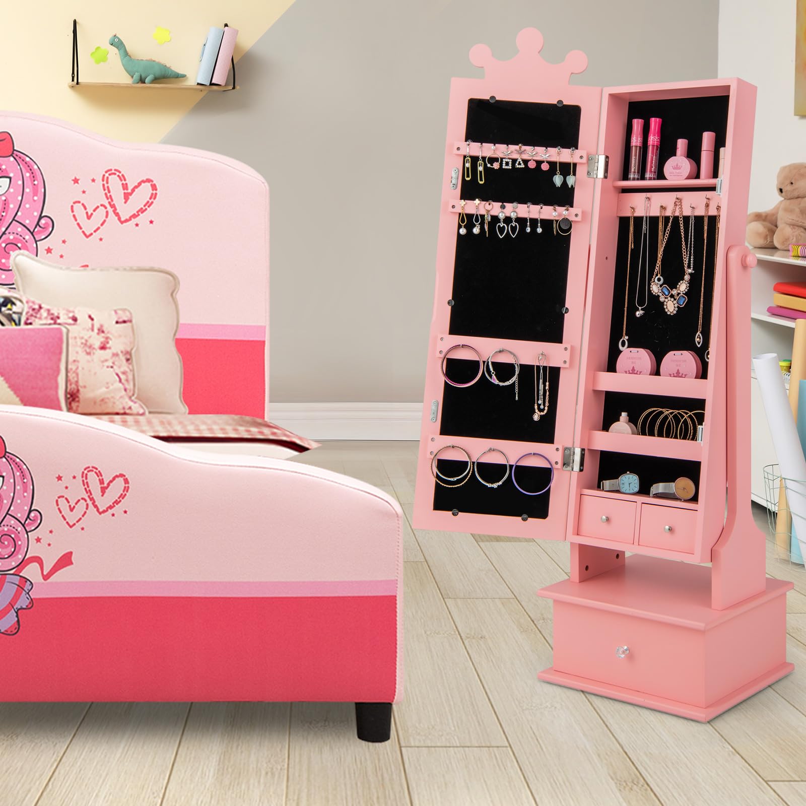 HONEY JOY Kids Jewelry Armoire Cabinet - Pink Wooden Standing Jewelry Organizer with Full-Length Mirror & Storage Drawers | 2-Angle Tilting Design for Little Girls | Perfect for Bedroom, Playroom & Dress-Up Play | Children's Jewelry Storage & Dress-Up Cabinet