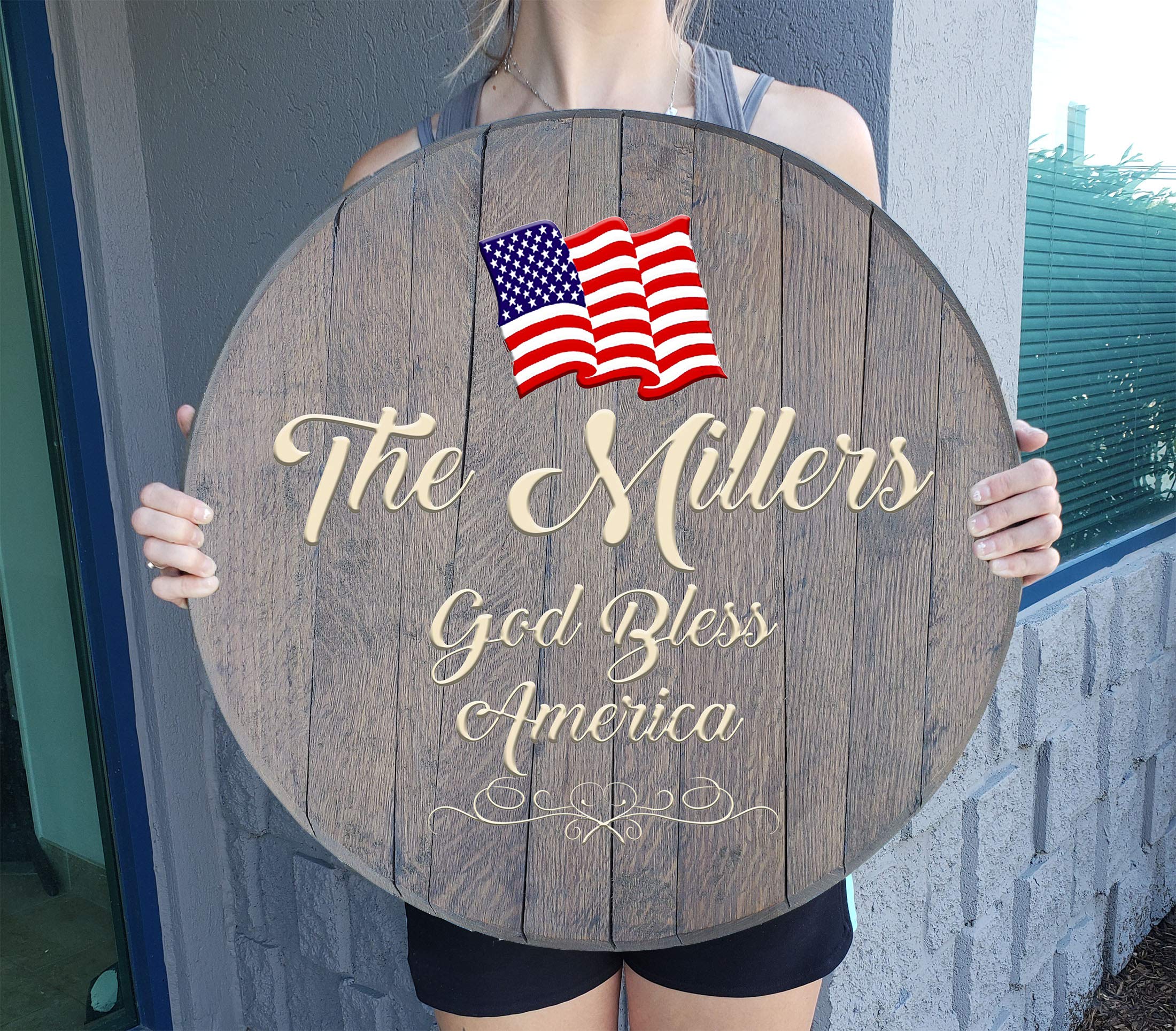 Personalized American Flag Rustic Wall Decor - Custom Bar Sign Patriotic Wall Art, 22 Inch Barnwood Gray - Perfect for Man Cave, Home Bar, or Farmhouse Decor