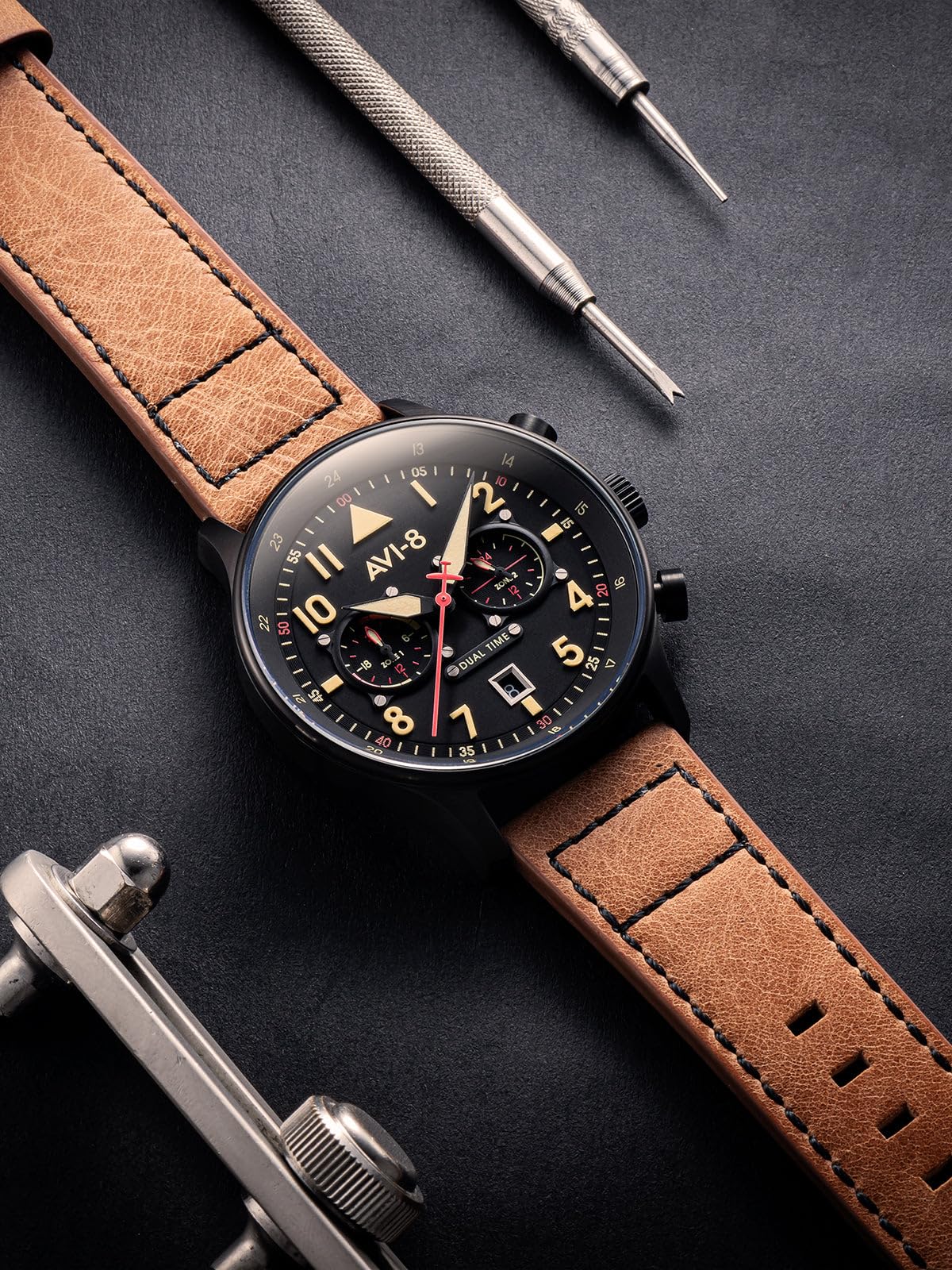 AVI-8 Men's 43.5mm Hawker Hurricane Carey Dual Time Japanese Quartz Pilot Watch with Leather or Stainless Steel Strap AV-4088 - Perfect for Aviation Enthusiasts, Business Travel & Everyday Wear
