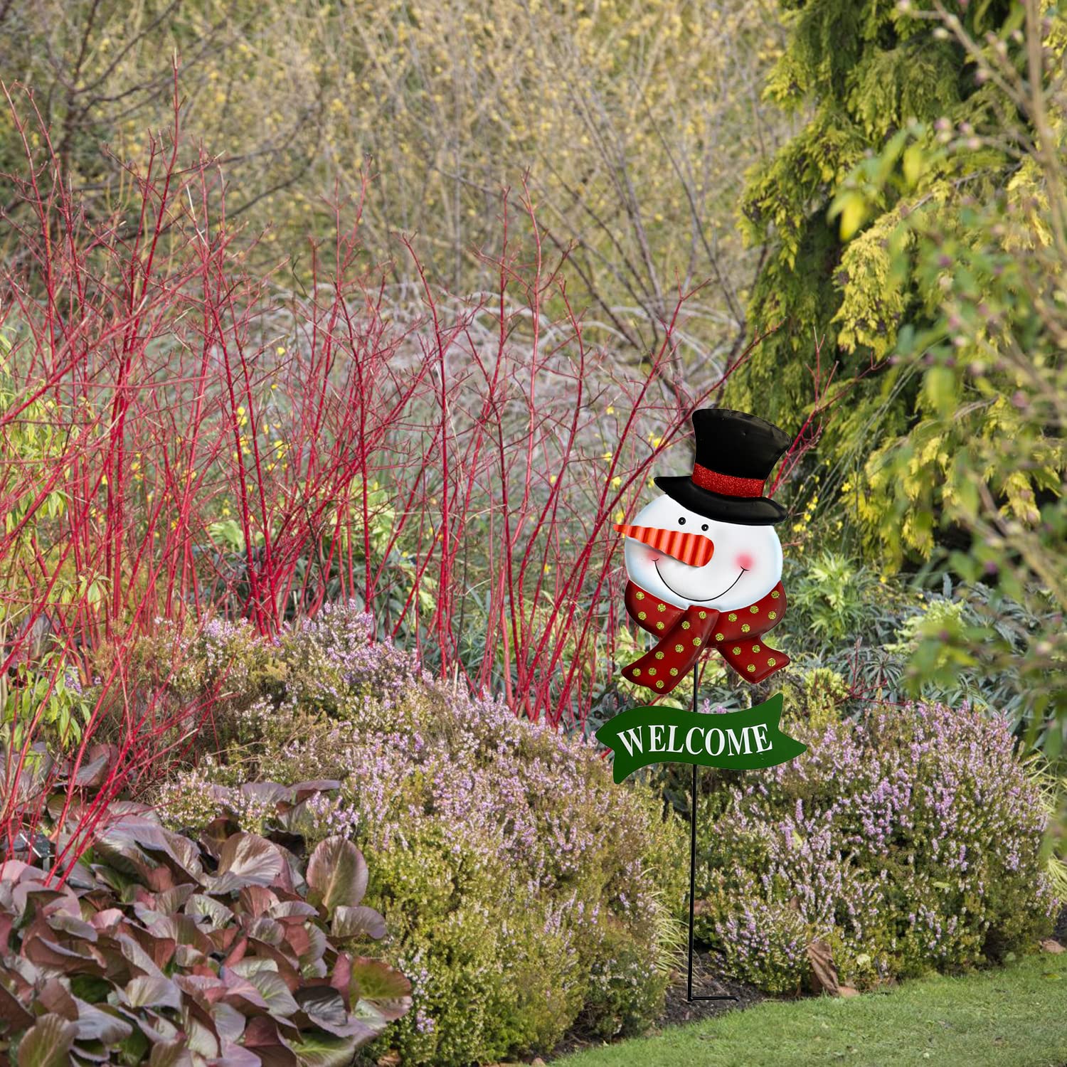 Metal Christmas Snowman Garden Stake - Outdoor Holiday Yard Decor for Lawn, Patio & Pathway - Festive Xmas Welcome Decoration for Winter & Holiday Season
