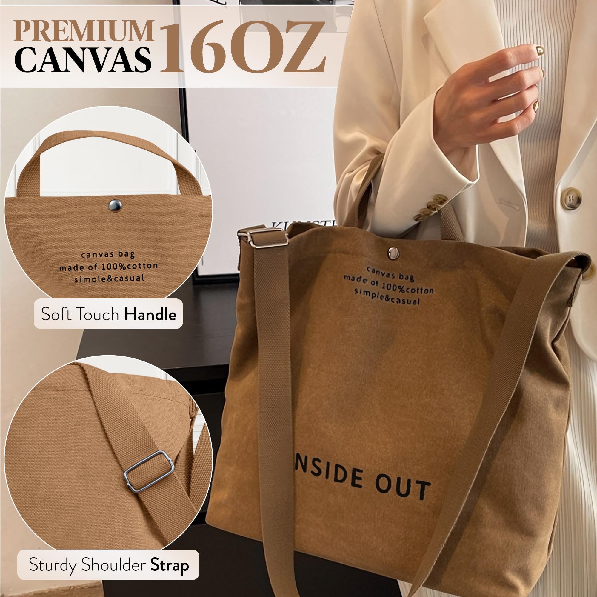 Stylish Large Canvas Tote Bag for Women - 100% Cotton Crossbody Shoulder Bag with 16oz Capacity - Perfect for Work, Travel, Beach & Shopping