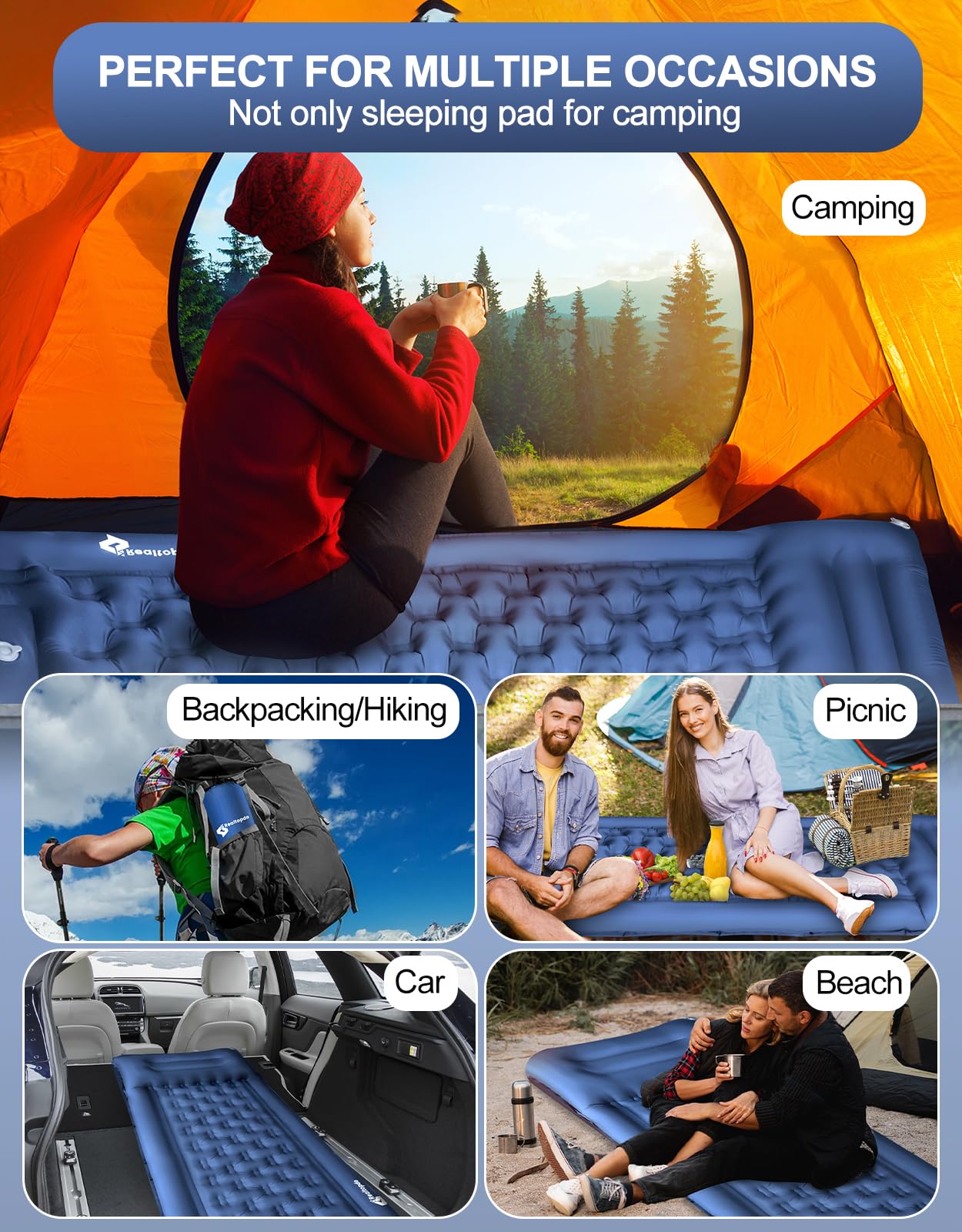 Extra Thick 5 Inch Self Inflating Camping Sleeping Pad with Pillow & Foot Pump - Lightweight Portable Mattress for Backpacking, Hiking, Travel - Perfect for Outdoor Adventures & Car Camping (Blue)