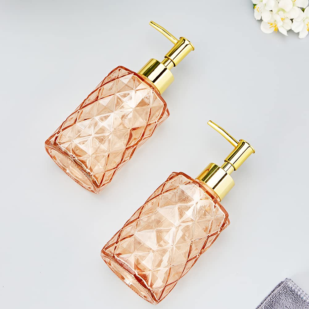 12 Oz Glass Soap Dispenser with Golden Pump - Elegant Diamond Design for Bathroom & Kitchen - Hand Soap, Lotion Dispenser - Amber Glass Container for Home, Hotel, and Restaurant Use