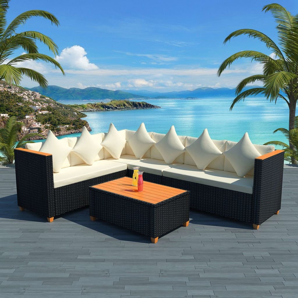 4-Piece PE Rattan Garden Lounge Set with Cushions & Coffee Table - Outdoor Patio Furniture Sectional Sofa Chair for Backyard, Porch, Deck - Weather-Resistant Black Wicker Set for Relaxing & Entertaining