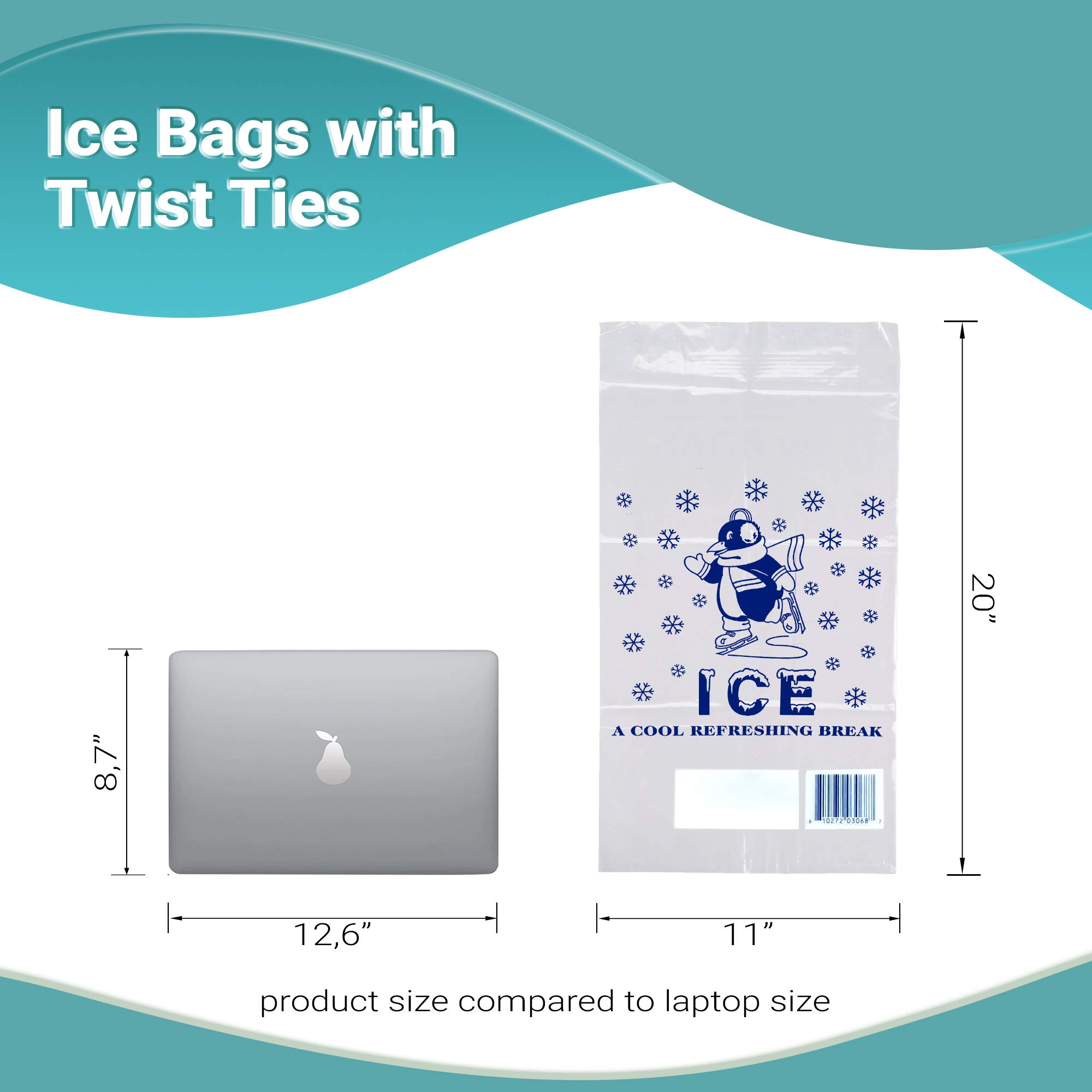 APQ 1000 Pack 11x20 Ice Bags with Twist Ties - 8 lbs Capacity, Food Grade Safe Plastic, Cool Penguin Design - Perfect for Party Drinks, Camping Coolers & Commercial Ice Storage