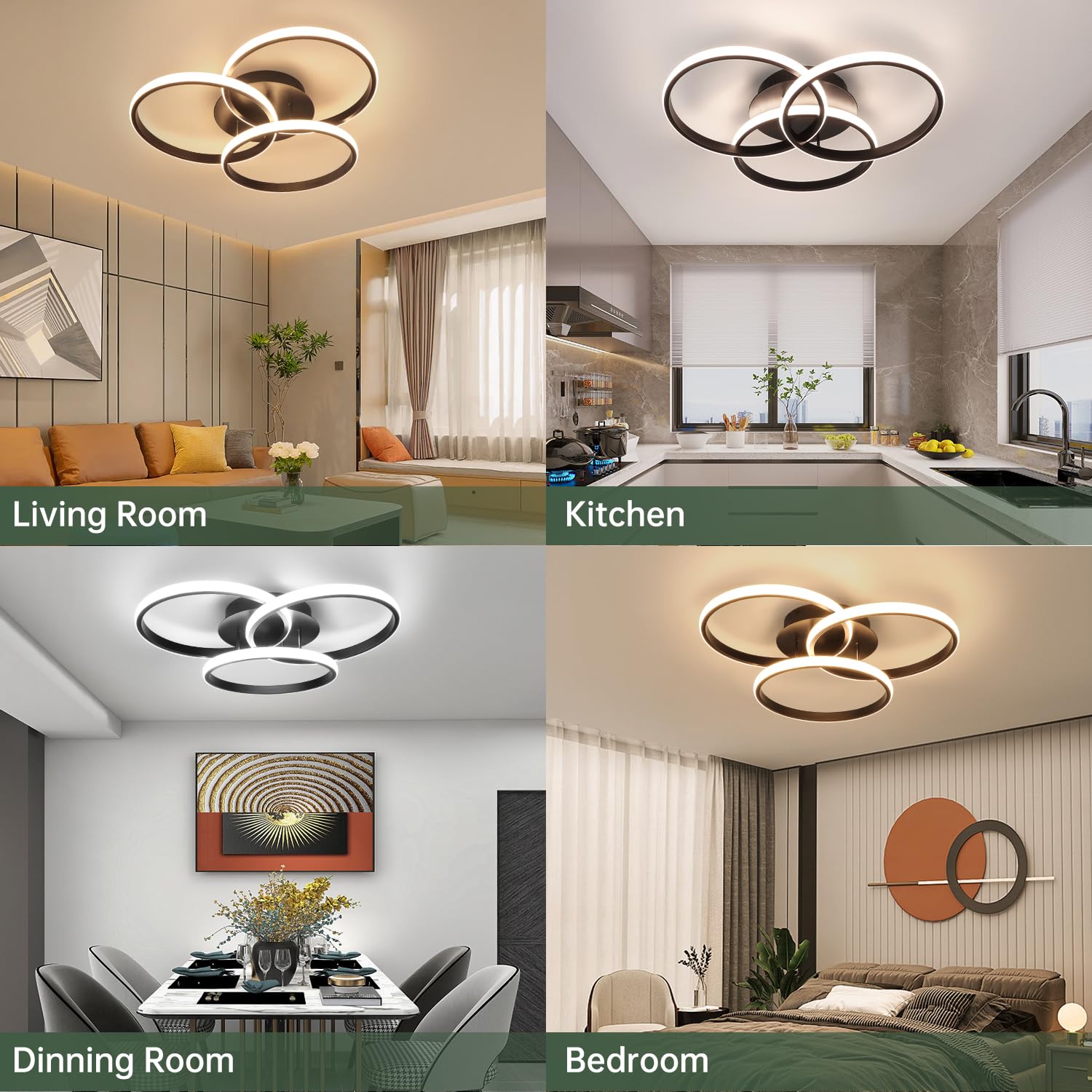 Modern LED Ceiling Light Fixture with Remote Control - Dimmable Flush Mount Lighting for Bedroom, Living Room, Dining Room & Kitchen (Black, 3000K-6500K) - Energy Efficient Home & Office Lighting Solution