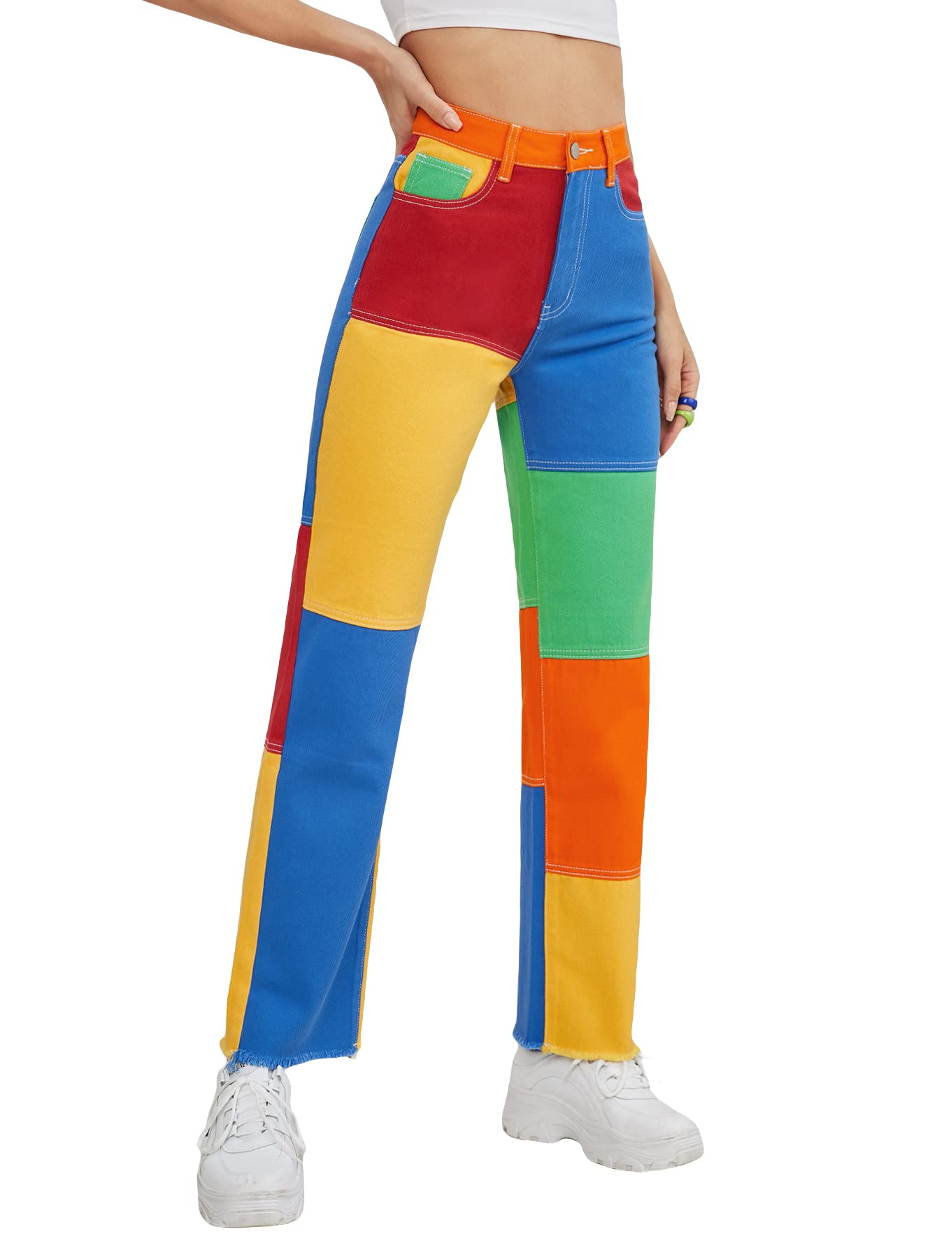 WDIRARA Women's High Waisted Straight Leg Jeans - Color Block Raw Hem Denim Pants for Casual Wear, Office & Date Night Outfits