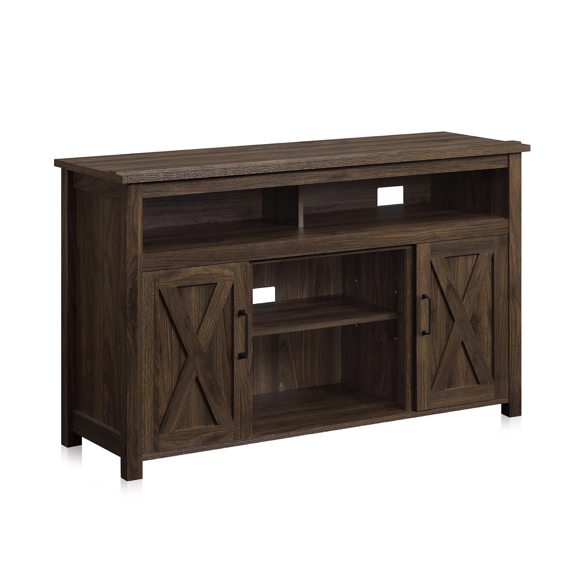 BELLEZE 48 Inch TV Stand for 50 Inch TVs - Rustic Barn Door Entertainment Center with 2 Open Shelves & Storage Cabinets - Dark Walnut Media Console for Living Room, Bedroom - Perfect for Home Theater & Family Entertainment Spaces