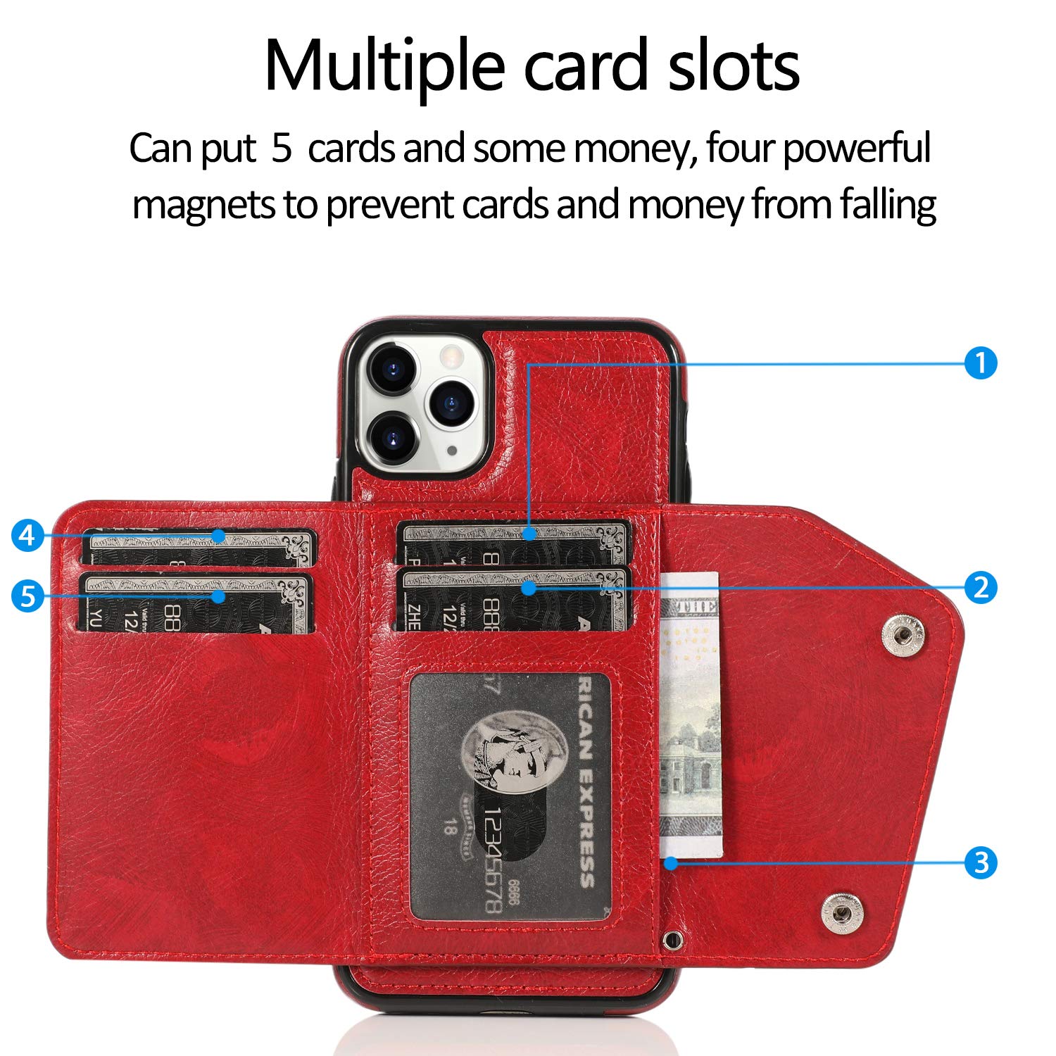 Premium PU Leather iPhone 11 Pro Max Wallet Case with Card Holder Slot - Crossbody Neck Strap & Wrist Strap Included - Protective Credit Card Holder Phone Cover (Red) - Perfect for Travel, Shopping & Everyday Use