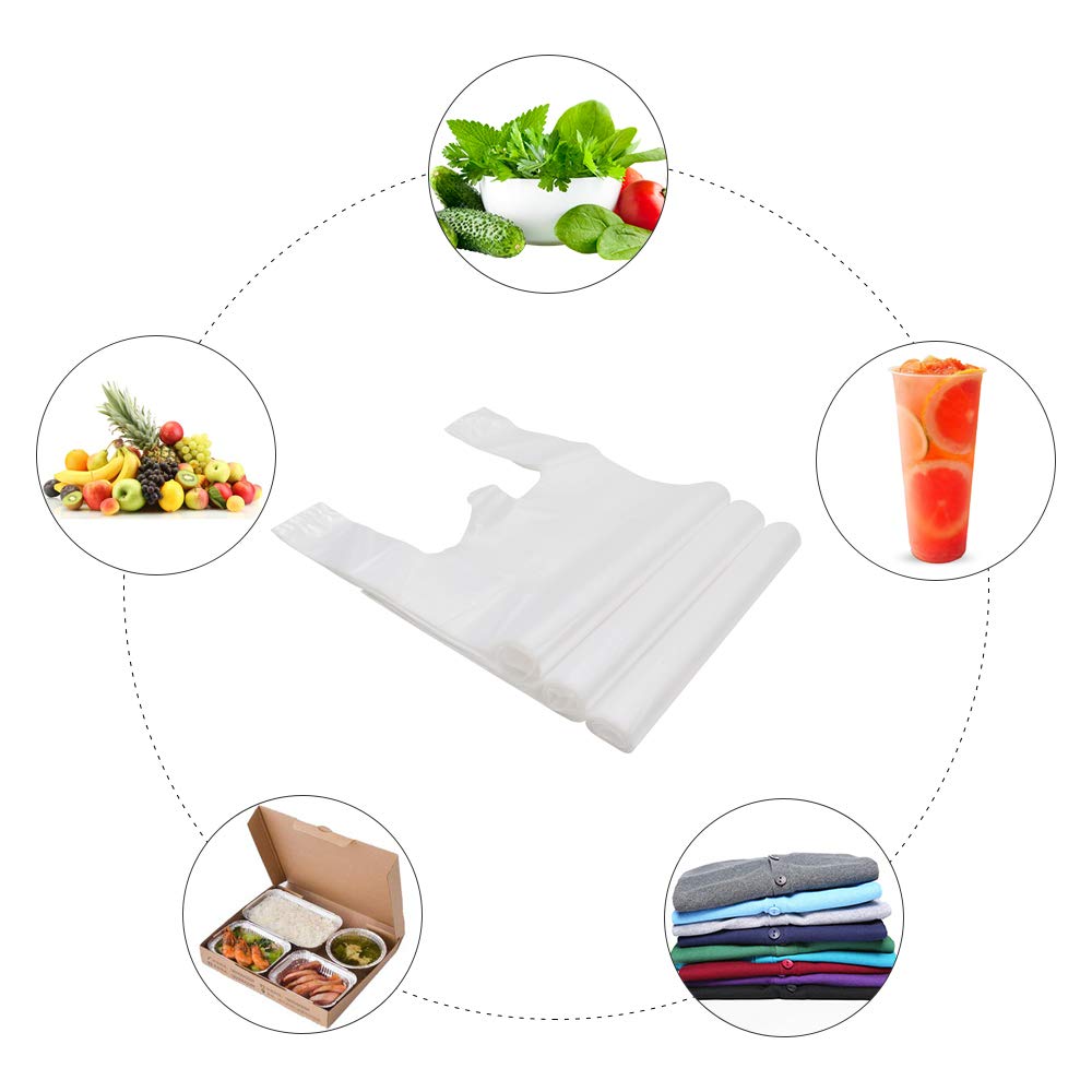 White Plastic T-Shirt Bags with Handles - Bulk Pack of 100 (12x20 Inch) - Durable Grocery Bags, Retail Shopping Bags & Merchandise Bags for Supermarket, Restaurant & Retail Stores - Perfect for Food Takeout, Convenience Stores & Customer Packaging
