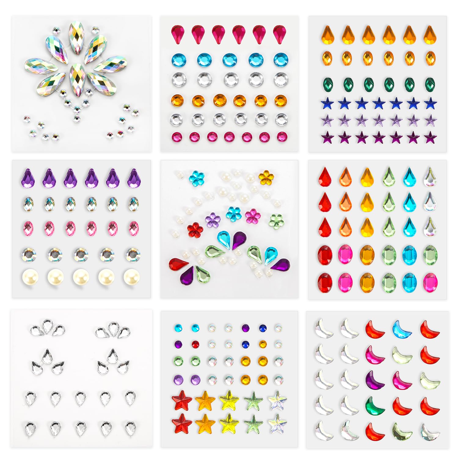 9 Sheets Self-Adhesive Face Gems Stickers - Sparkling Star, Flower & Drop Shape Rhinestones for Makeup, Halloween, Festival & Party (Pattern 1) | Perfect for Costume Parties, Raves, Music Festivals & Photo Shoots