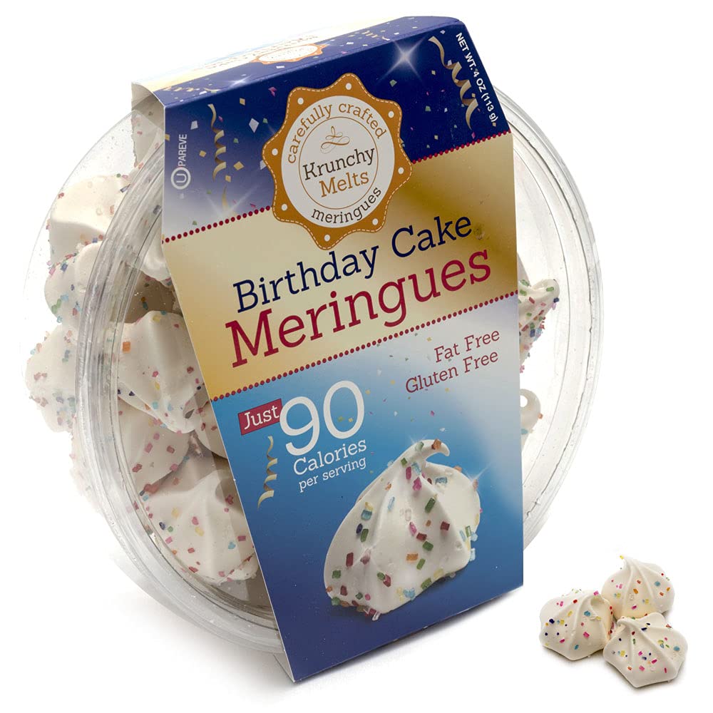 Krunchy Melts Original Meringue Cookies - Birthday Cake Flavor | Low Calorie (90 Cal/Serving), Fat Free, Gluten Free & Dairy Free Snacks (4 Oz) | Perfect for Parties, Gifts & Healthy Dessert Cravings
