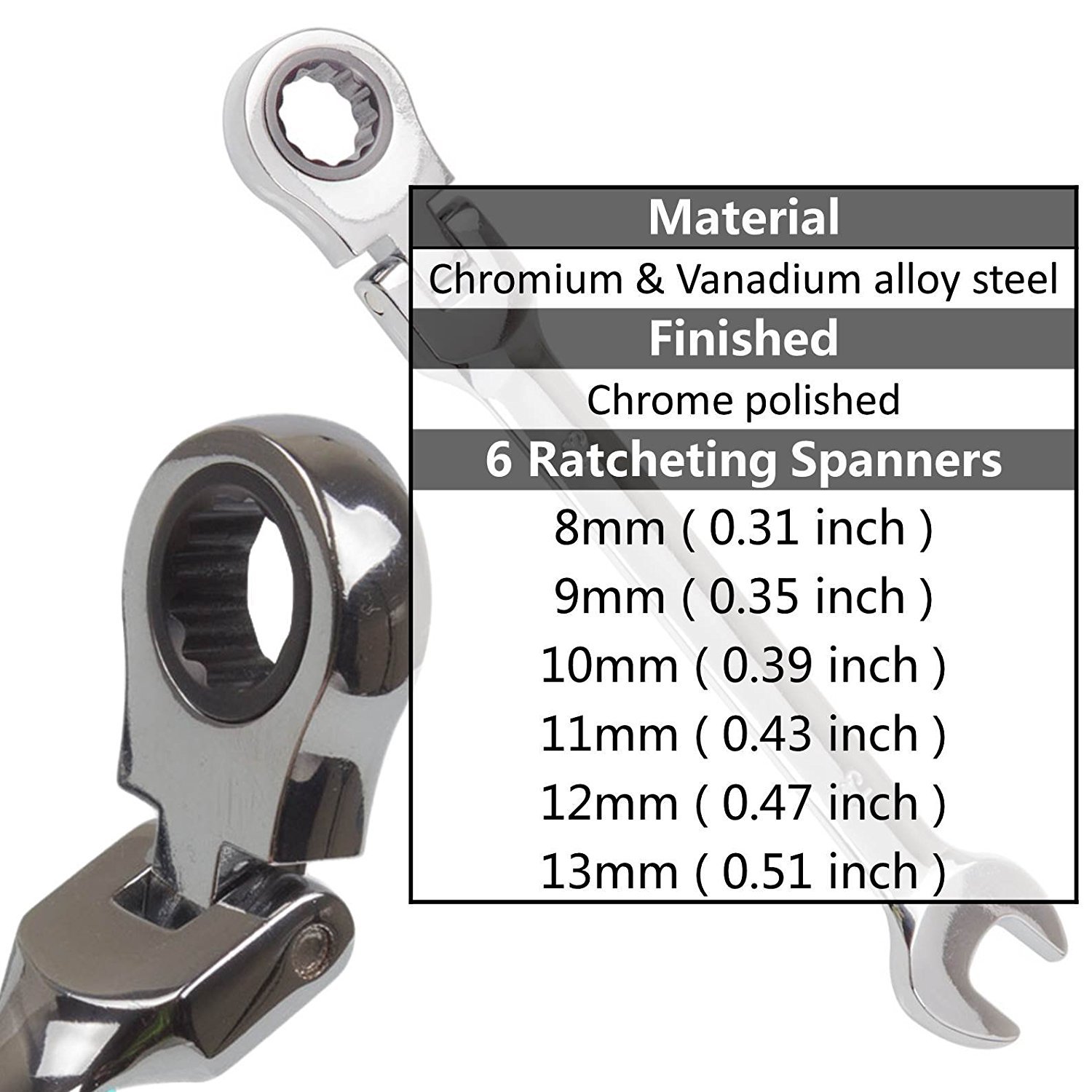 Acrux7 6-Piece Flex Head Ratcheting Wrench Set 8-13mm - Chrome Vanadium Steel Gear Wrench for Auto Repair & DIY