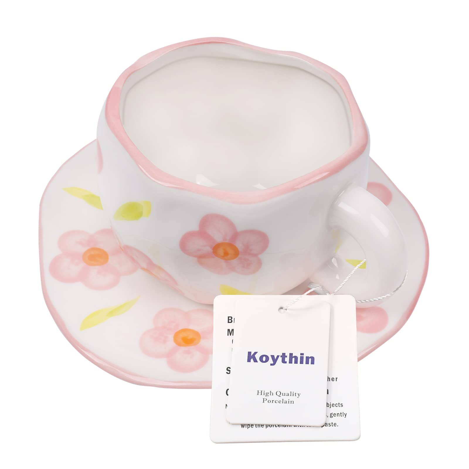 Koythin Ceramic Coffee Mug with Saucer - 10oz/300ml Cute Pink Floral Design, Microwave & Dishwasher Safe - Perfect for Latte, Tea, Milk at Home or Office - Ideal Gift for Coffee Lovers & Housewarming