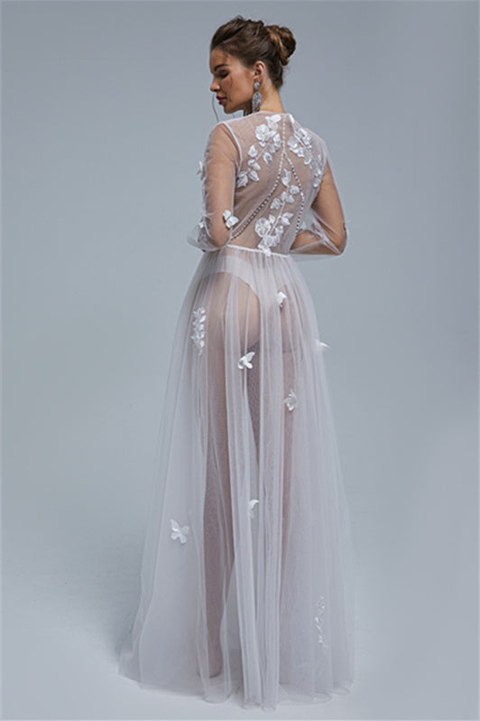 Elegant A-Line V-Neck Tulle Floor-Length Long Sleeve Lace Applique Wedding Dress Cover - Perfect for Bridal Gowns, Evening Gowns & Formal Occasions