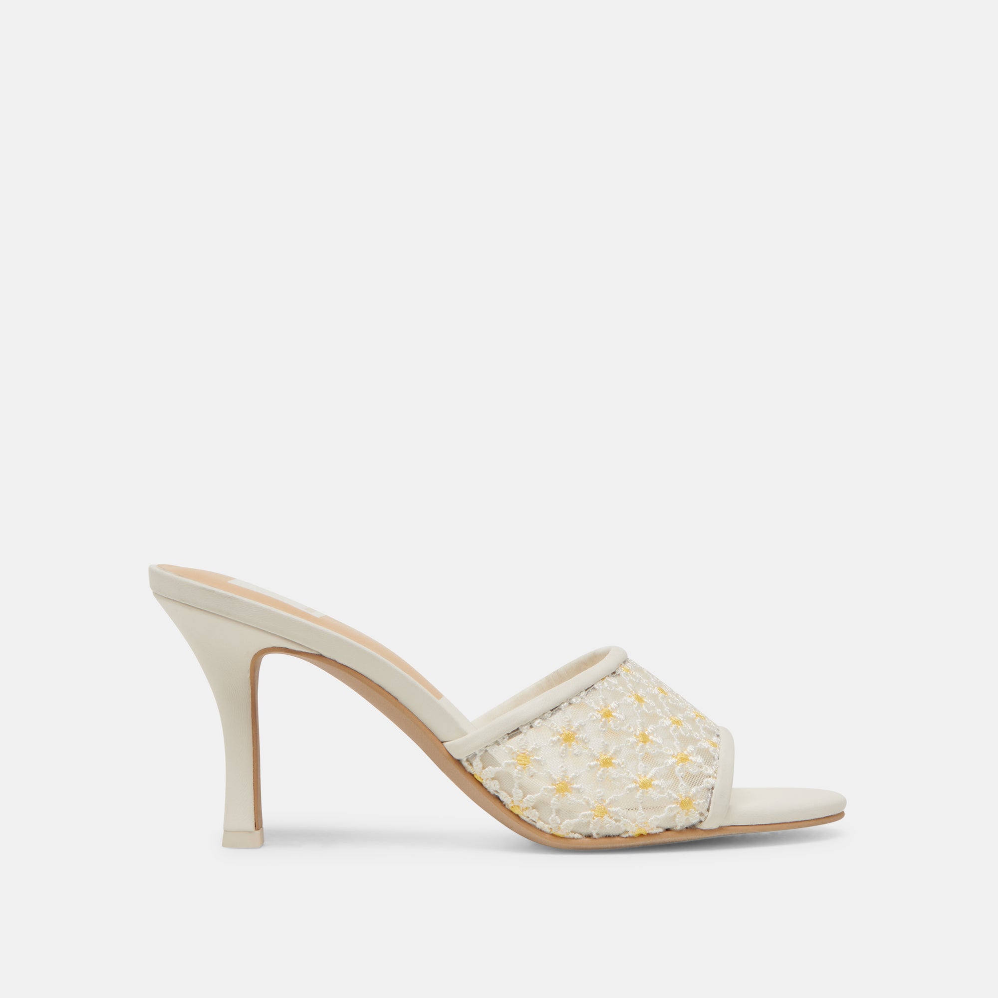 Lavena Women's Floral Heels - White & Yellow Mesh Summer Sandals for Weddings, Parties & Beach Outfits