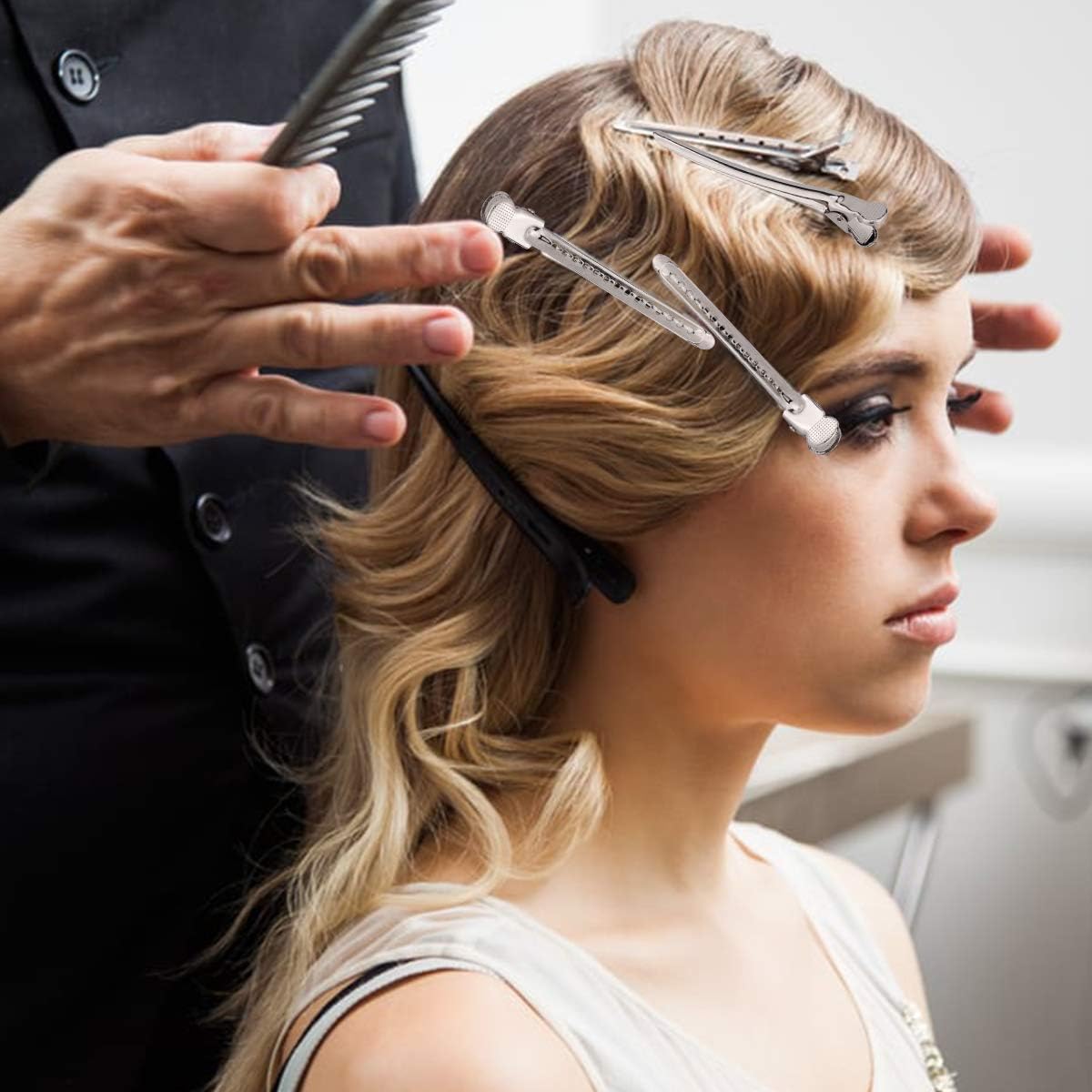 ZAUKY Professional Hair Sectioning Clips 4Pcs - Stainless Steel Hairdressing Clips with 1 Free Hair Comb for Salon & Home Styling - Perfect for Cutting, Coloring, and Curling Hair