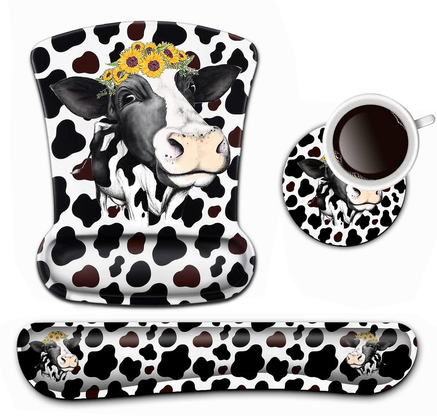 Ergonomic Keyboard Wrist Rest & Mouse Pad Support Set - Black White Cow Sunflower Gel Mouse Pad for Pain Relief, Memory Foam Keyboard Wrist Cushion with Coasters - Perfect for Office, Gaming & Home Computer Workstations